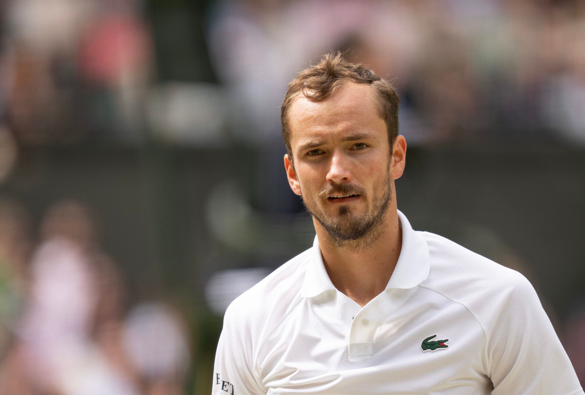 Daniil Medvedev during his match against Carlos Alcaraz of Spain on day 12 at All England Lawn Tennis and Croquet Club.