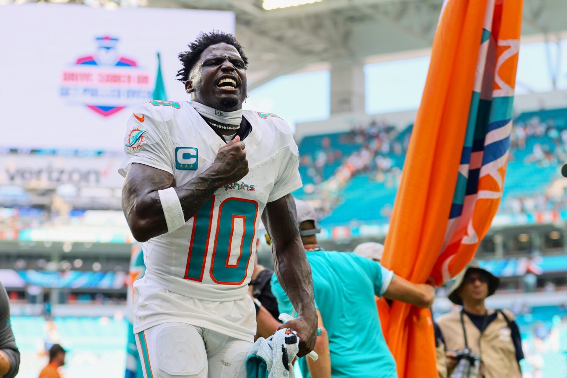 Miami Dolphins wide receiver Tyreek Hill (10) reacts after the game against the Jacksonville Jaguars at Hard Rock Stadium.