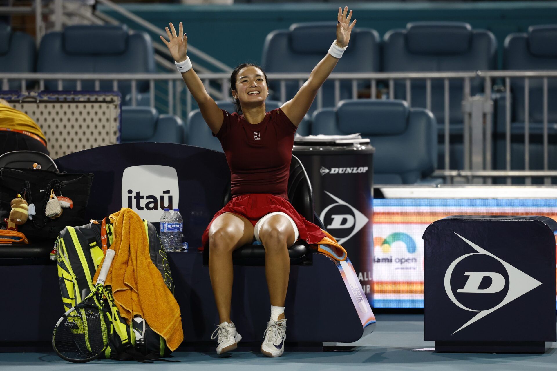 Alexandra Eala (PHL) waves to fans from her player's chair after her match against Jessica Pegula (USA)(not pictured) in a women's singles semifinal on day ten of the Miami Open at Hard Rock Stadium.