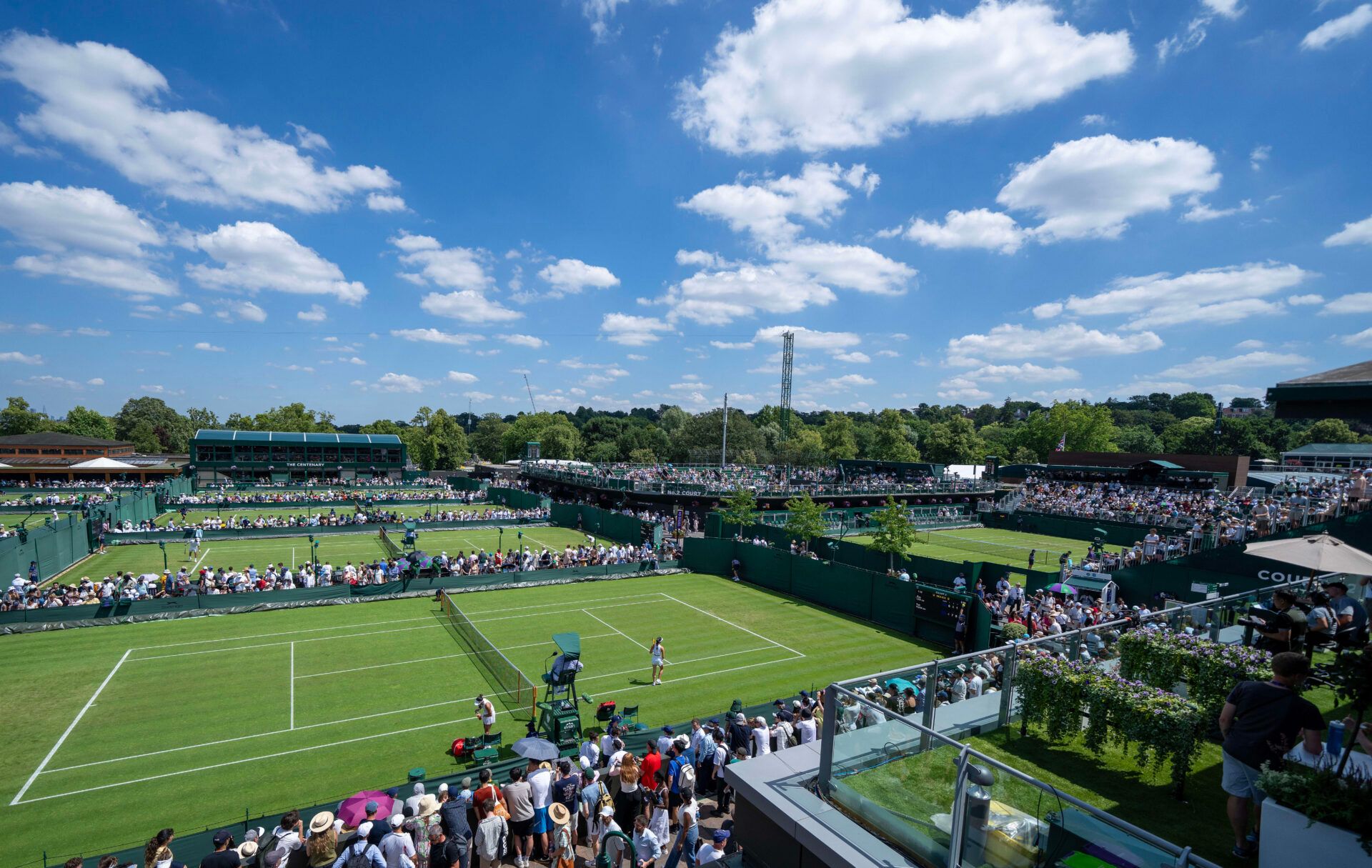 View from the top of Court 3 overlooking the outside courts on day one at the All England Lawn Tennis and Croquet Club.