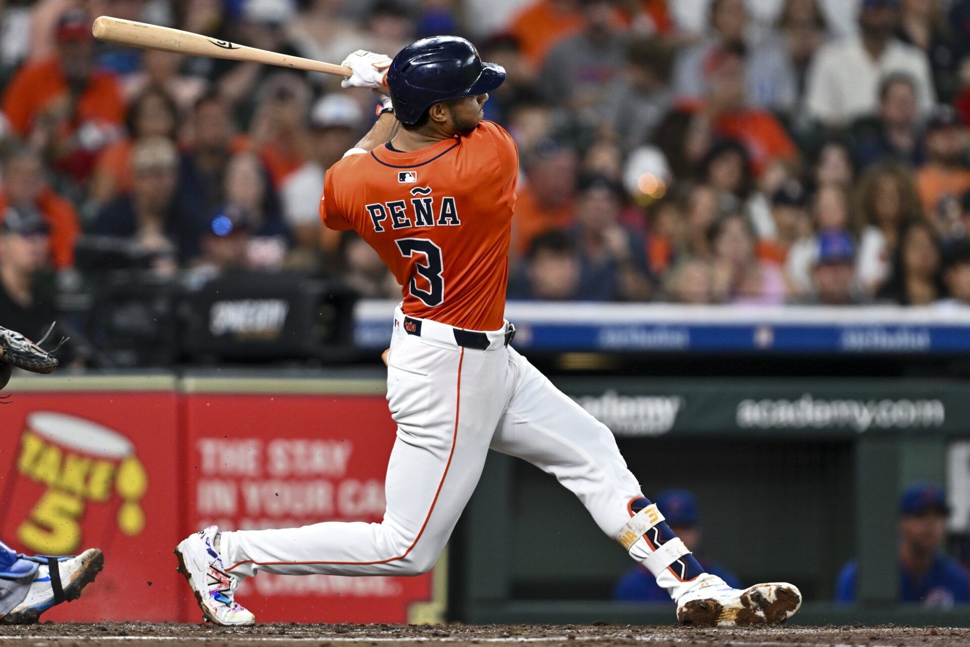 Houston Astros shortstop Jeremy Pena (3) bats in the second inning against the Chicago Cubs at Daikin Park.
