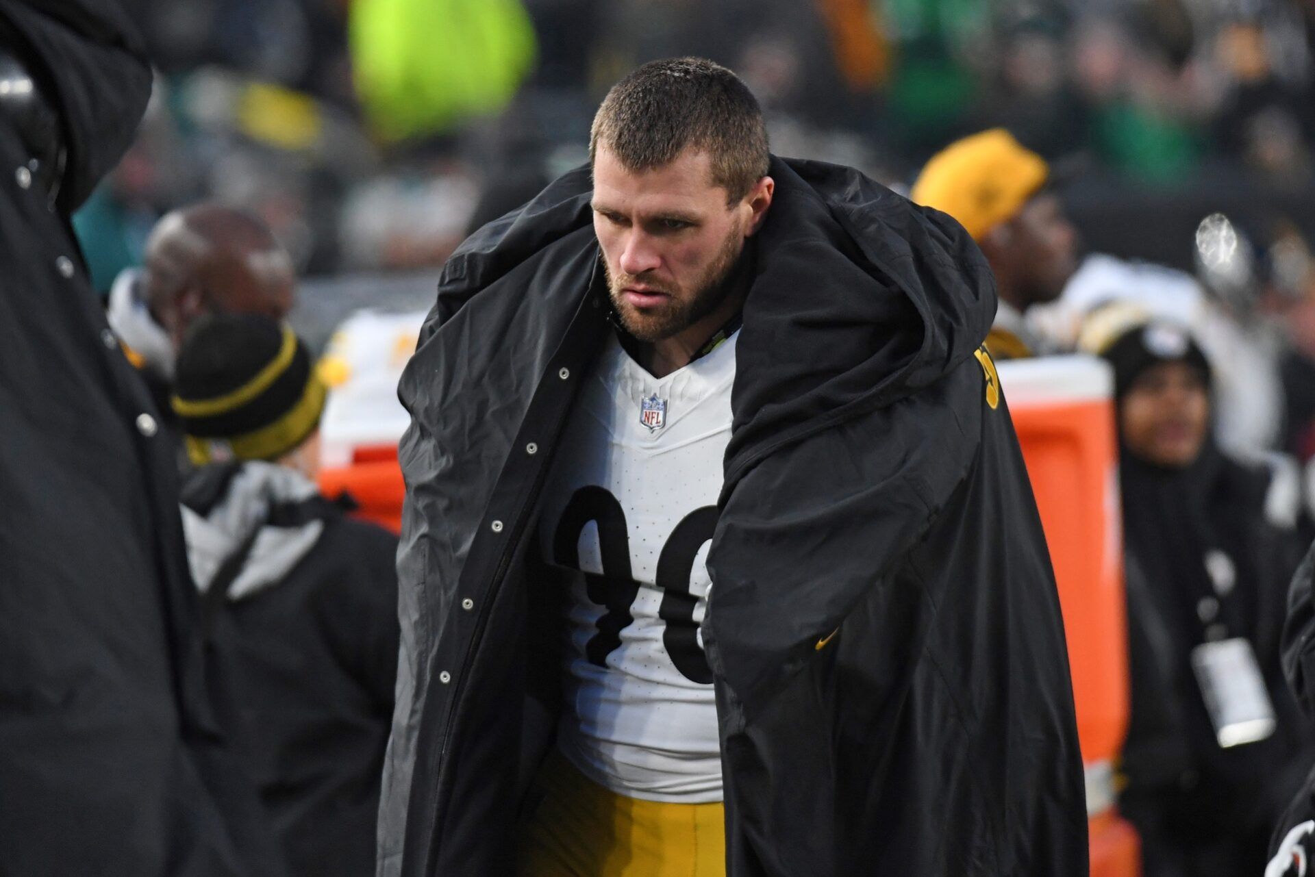 Pittsburgh Steelers linebacker T.J. Watt (90) on the sidelines against the Philadelphia Eagles at Lincoln Financial Field.