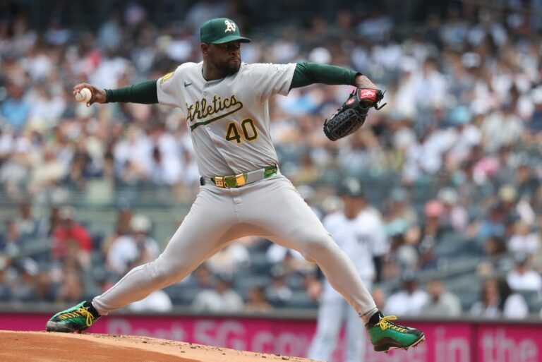 Athletics pitcher Luis Severino (40) delivers a pitch during the first inning against the New York Yankees at Yankee Stadium.