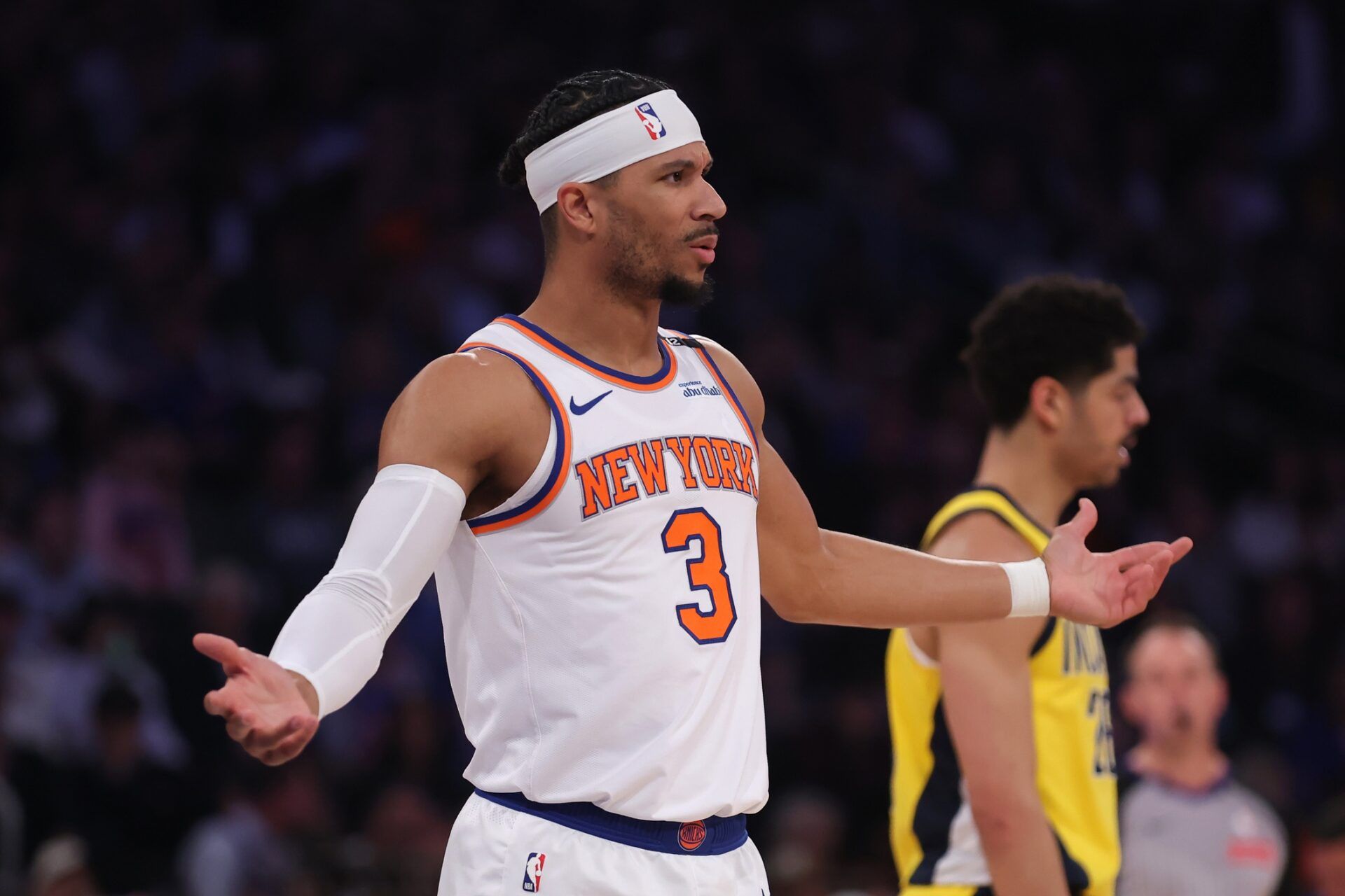 New York Knicks guard Josh Hart (3) reacts in the first quarter against the Indiana Pacers during game five of the eastern conference finals for the 2025 NBA Playoffs at Madison Square Garden.
