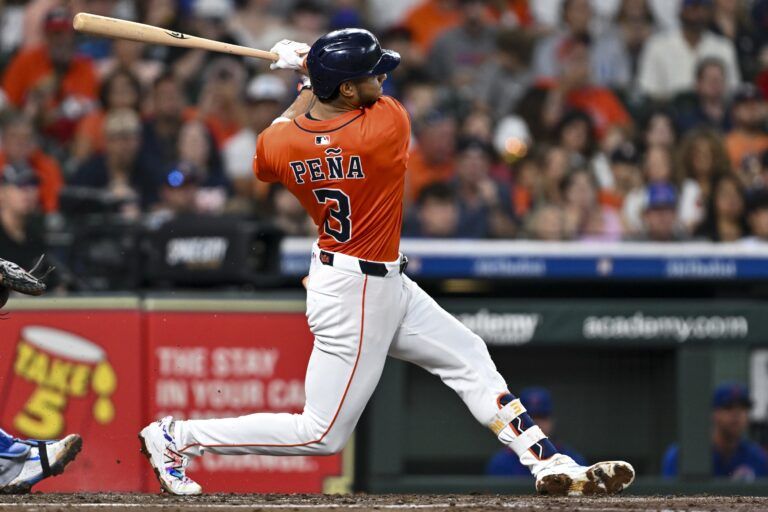 Houston Astros shortstop Jeremy Pena (3) bats in the second inning against the Chicago Cubs at Daikin Park.