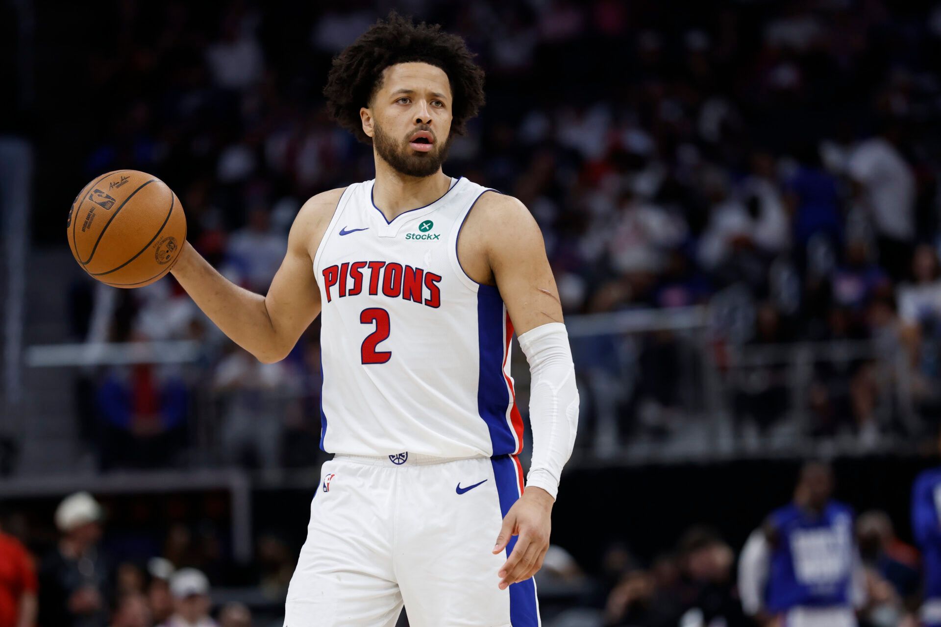 Detroit Pistons guard Cade Cunningham (2) dribbles in the second half against the New York Knicks during game three of first round for the 2024 NBA Playoffs at Little Caesars Arena.