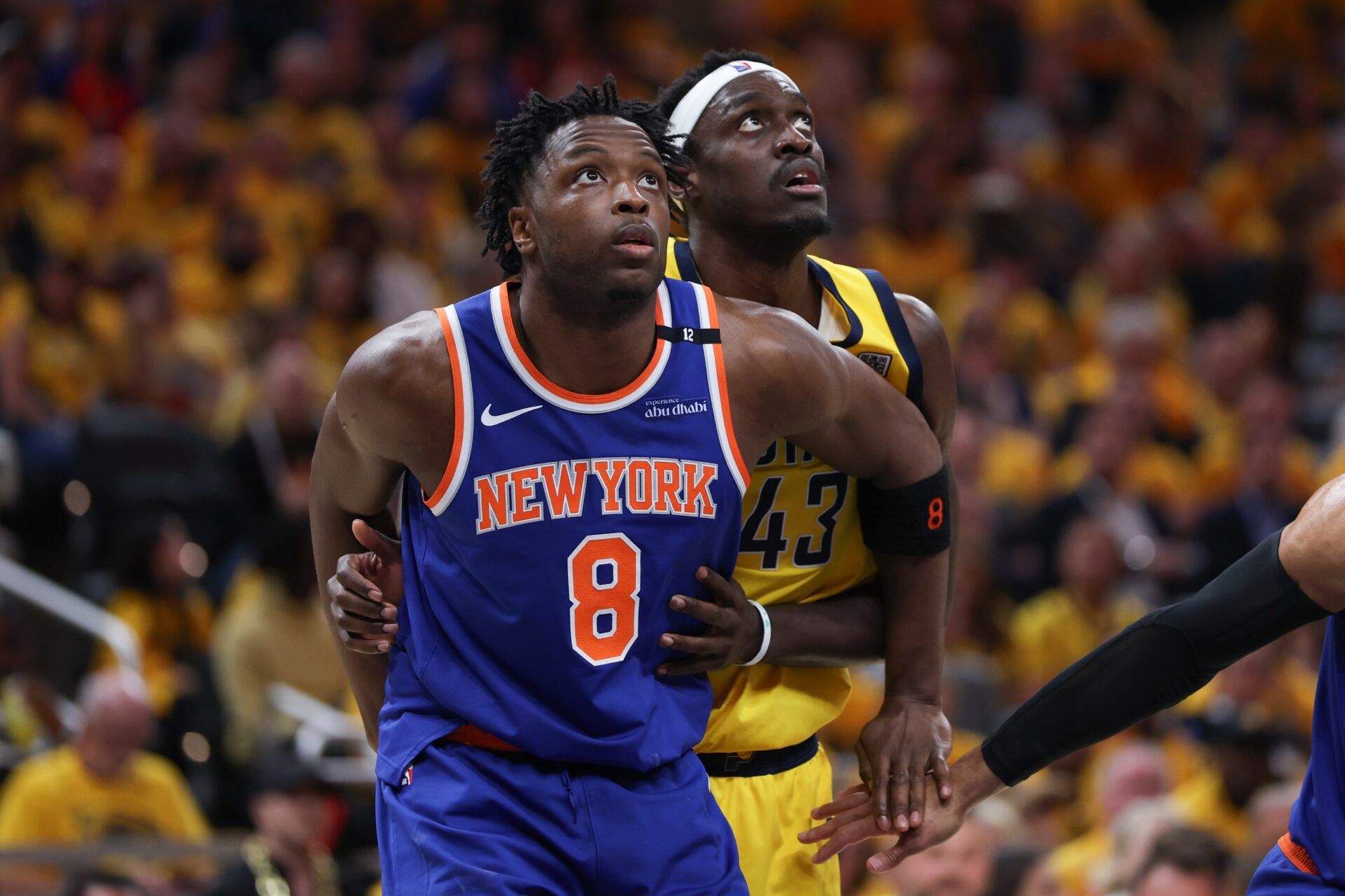 New York Knicks forward OG Anunoby (8) boxes out Indiana Pacers forward Pascal Siakam (43) for a free throw in the second quarter during game six of the eastern conference finals for the 2025 NBA Playoffs at Gainbridge Fieldhouse.