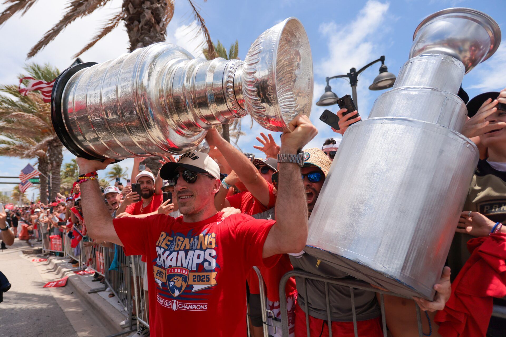 Florida Panthers center Brad Marchand (63) celebrates with the Stanley Cup during the Stanley Cup championship parade and rally.