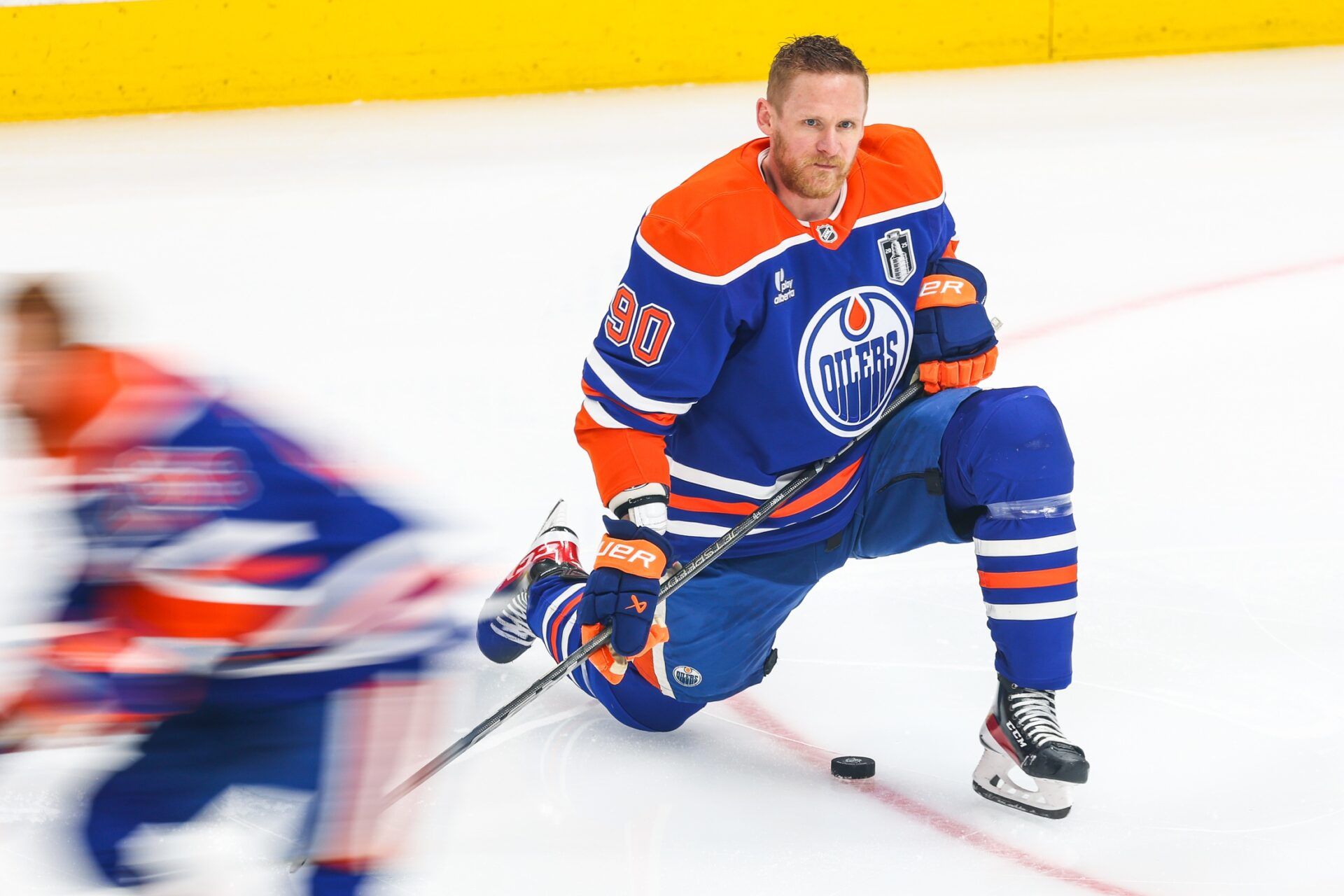 Edmonton Oilers right wing Corey Perry (90) during the warmup period against the Florida Panthers in game five of the 2025 Stanley Cup Final at Rogers Place.