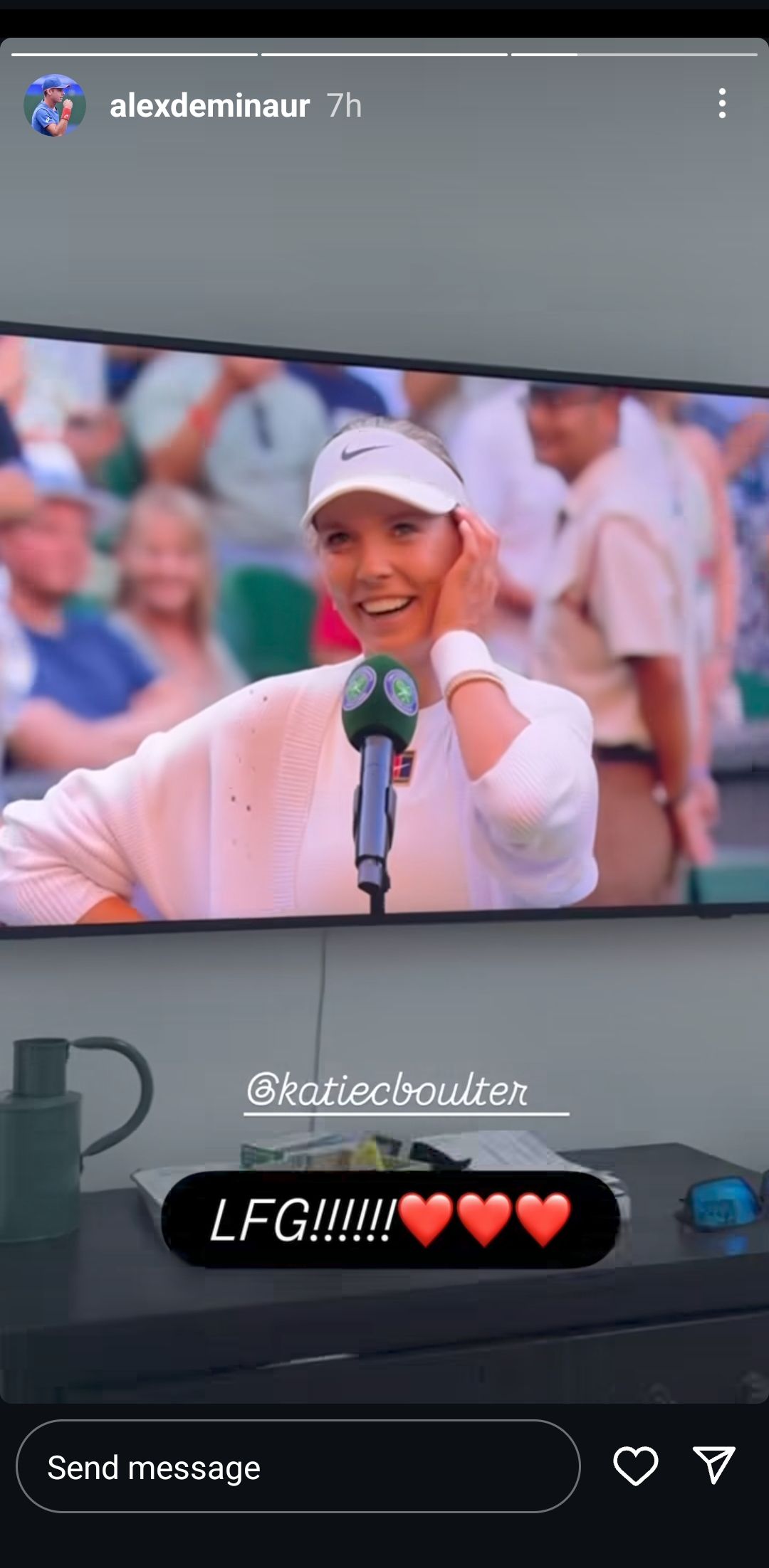 Screen grab of Alex de Minaur's Instagram story celebrating Katie Boulter's win