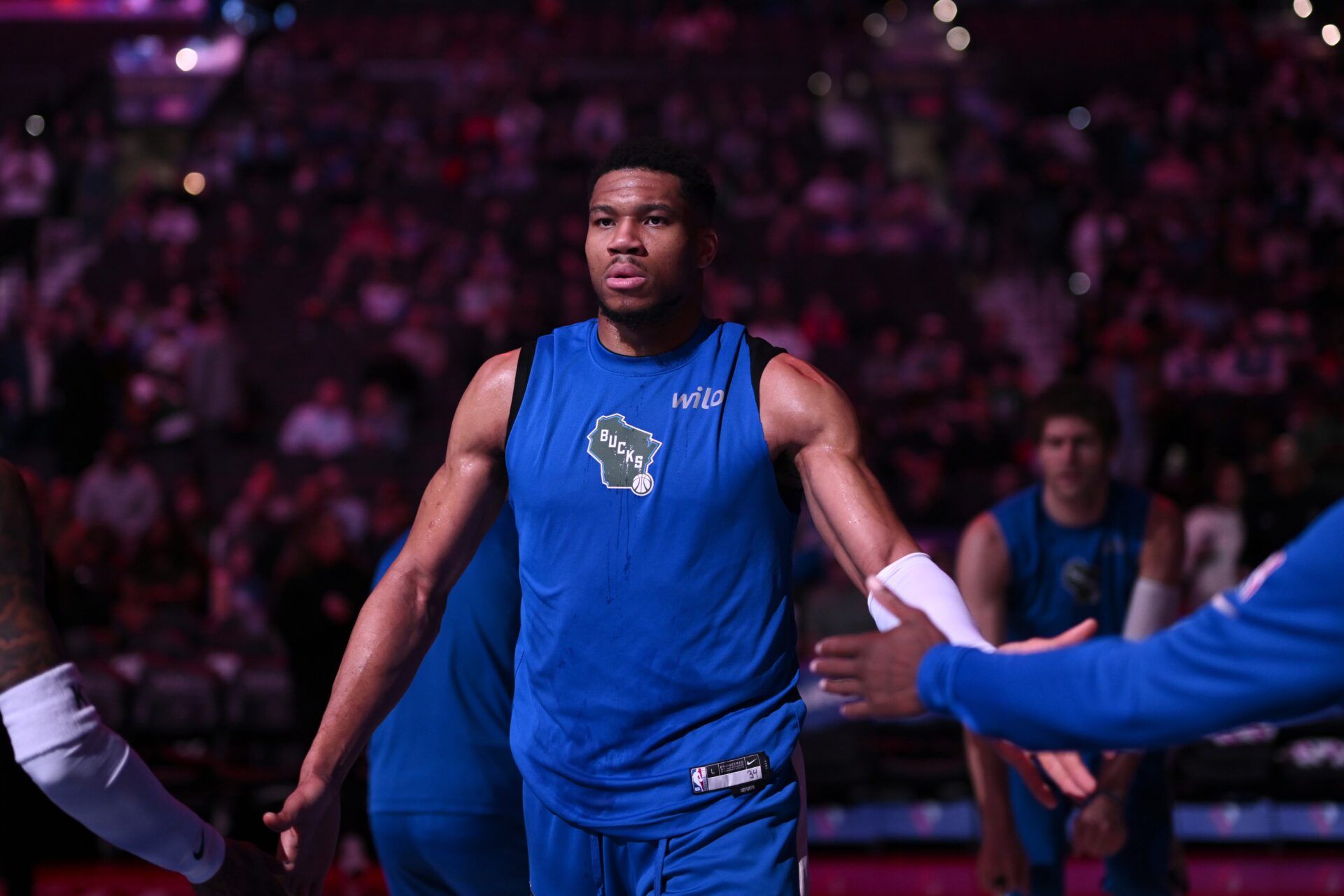 Milwaukee Bucks forward Giannis Antetokounmpo (34) is introduced before the game against the Philadelphia 76ers at Wells Fargo Center.