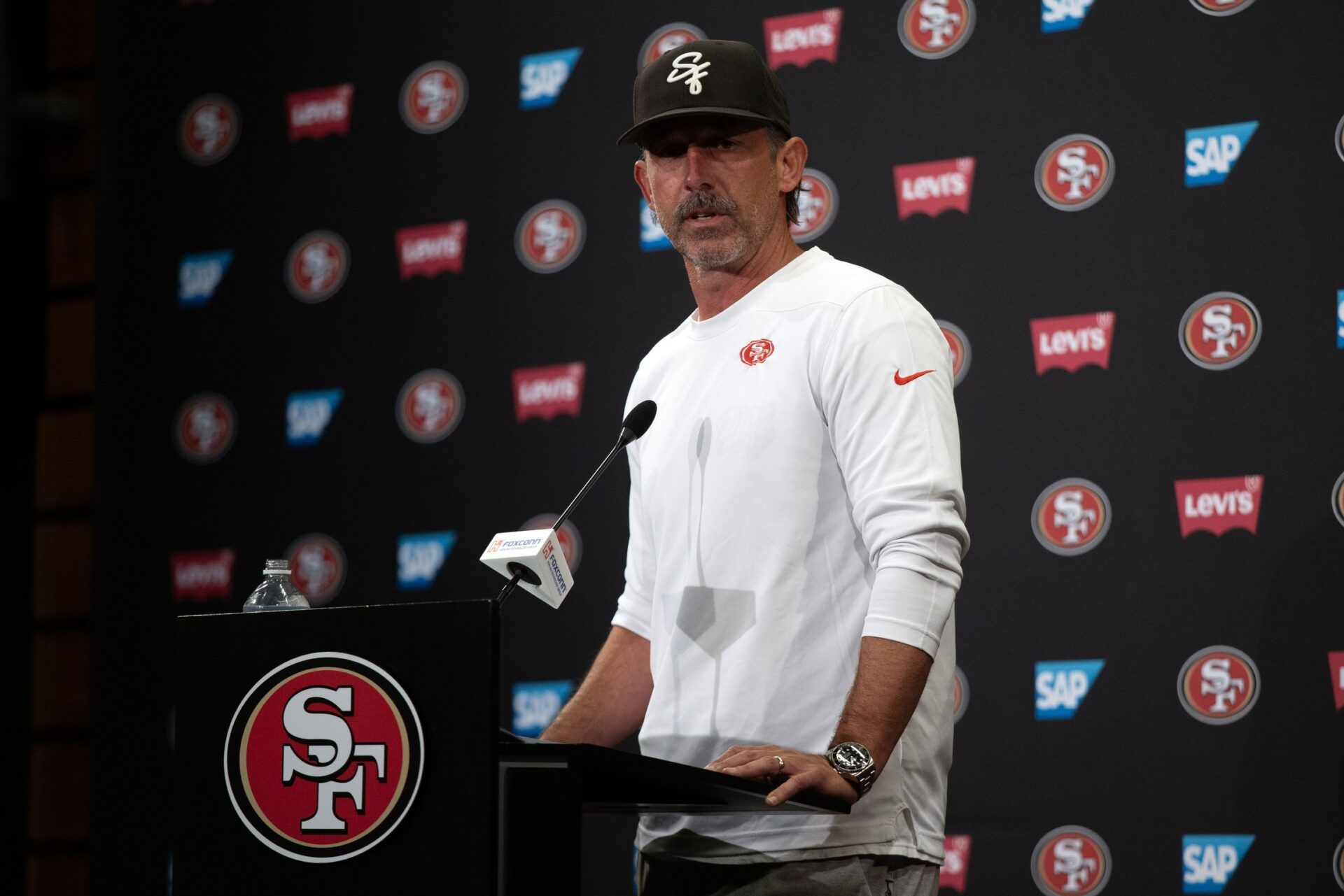 San Francisco 49ers head coach Kyle Shanahan speaks to the media following an OTA at Levi's Stadium.