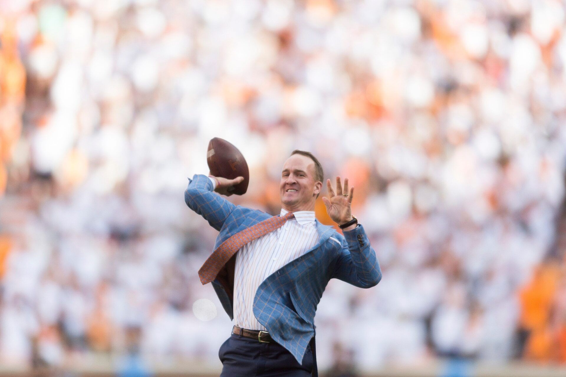 Peyton Manning throws the ball during halftime during the Tennessee Volunteers vs. Georgia Bulldogs game at Neyland Stadium in Knoxville, Tennessee on Saturday, September 30, 2017.