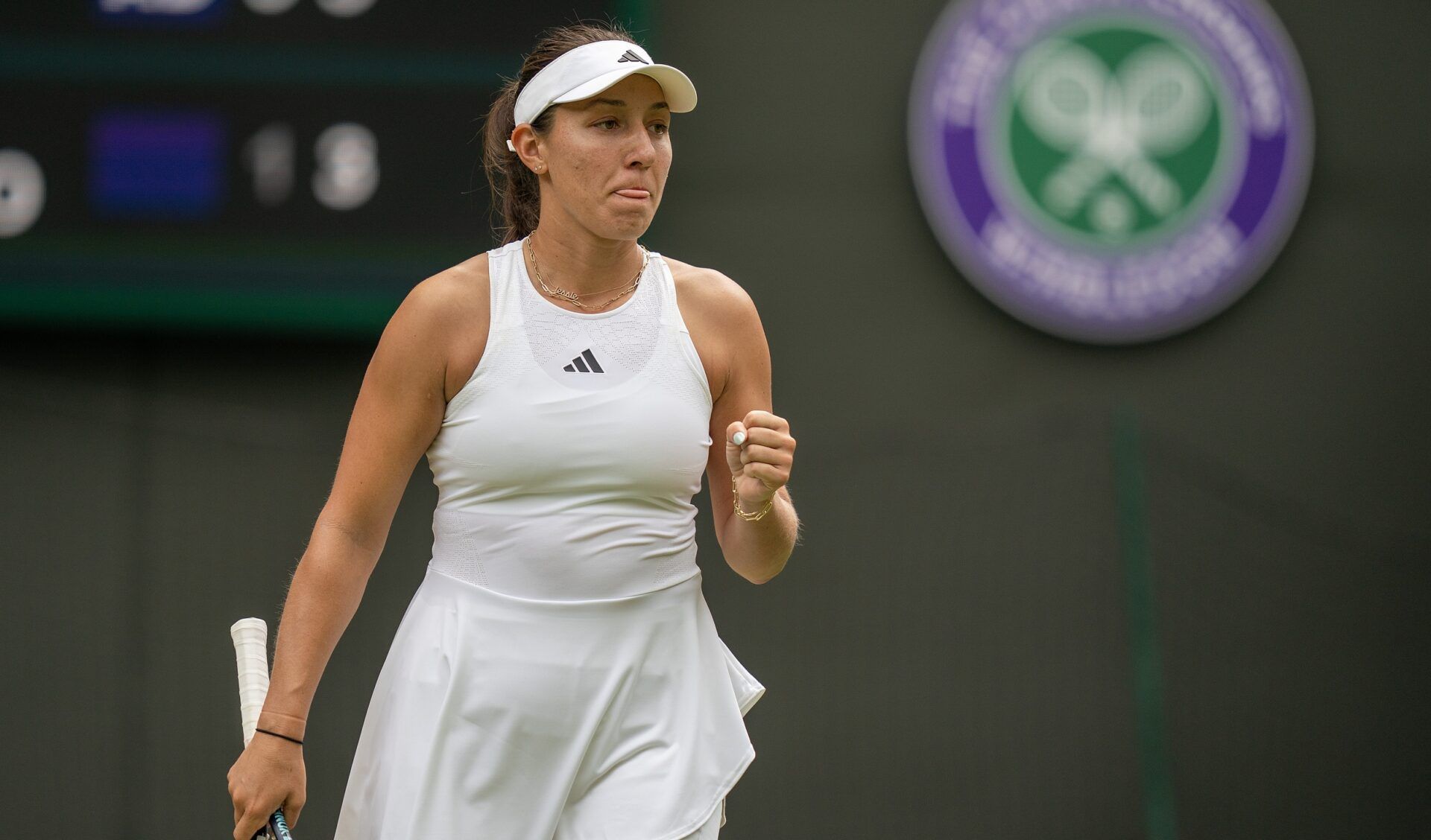 Jessica Pegula (USA) reacts to a point during her match against Lesia Tsurenko (UKR) on day seven at the All England Lawn Tennis and Croquet Club.