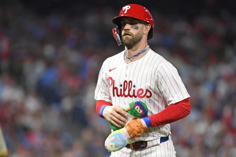 Philadelphia Phillies first base Bryce Harper (3) runs off the field after being forced out at second based8i against the San Diego Padres at Citizens Bank Park.