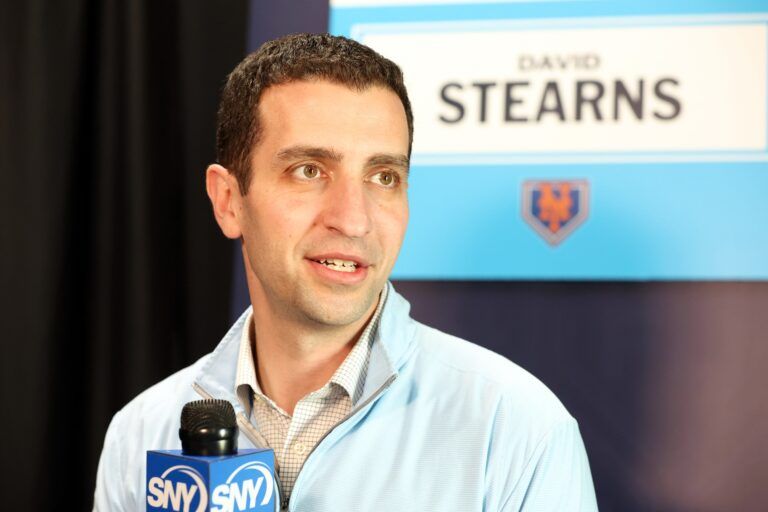 New York Mets president of baseball operations David Stearns talks with media at George M. Steinbrenner Field.