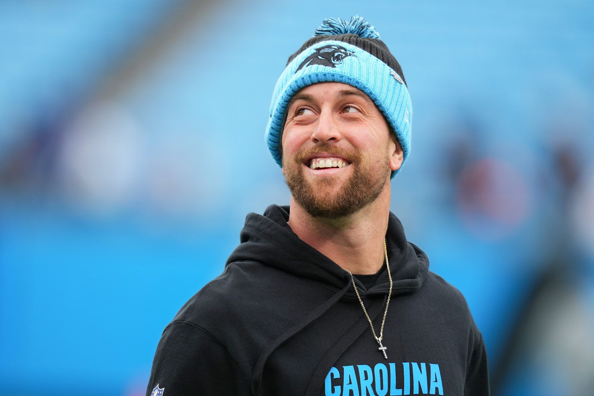 CHARLOTTE, NORTH CAROLINA - DECEMBER 15: Adam Thielen #19 of the Carolina Panthers smiles before playing the Dallas Cowboys at Bank of America Stadium on December 15, 2024 in Charlotte, North Carolina. (Photo by Grant Halverson/Getty Images)