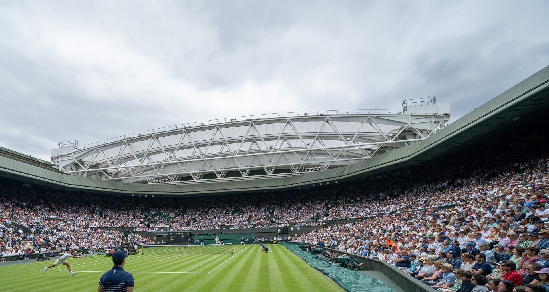 General view of Centre Court during the Carlos Alcaraz of Spain (not shown) and Mark Lajal of Estonia (not shown) on day one of The Championships at All England Lawn Tennis and Croquet Club.