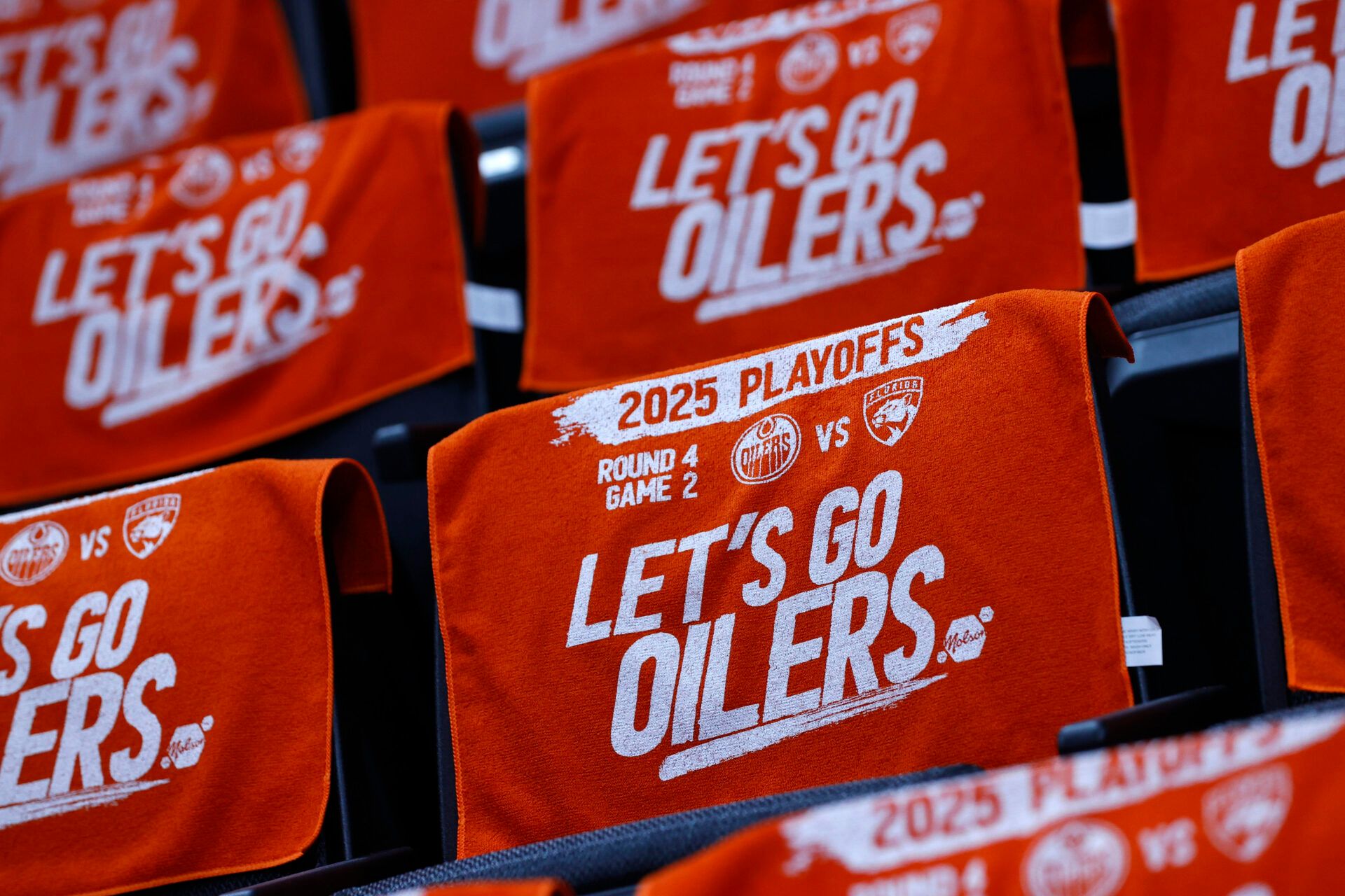 A detailed view of towels on the seats for the fans  before game two of the 2025 Stanley Cup Final between the Florida Panthers and the Edmonton Oilers at Rogers Place.