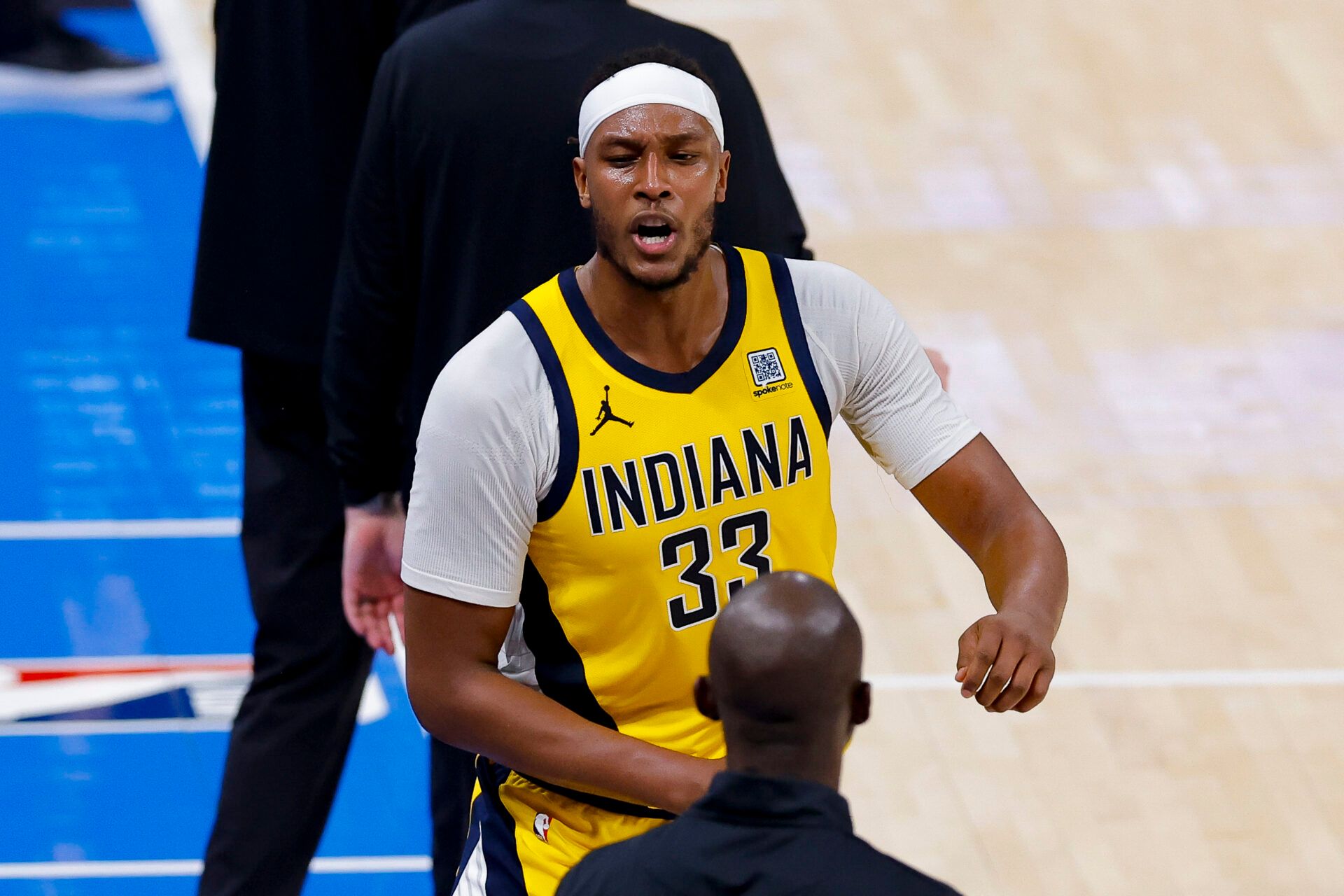 Indiana Pacers center Myles Turner (33) reacts during the third quarter against the Oklahoma City Thunder in game five of the 2025 NBA Finals at Paycom Center.