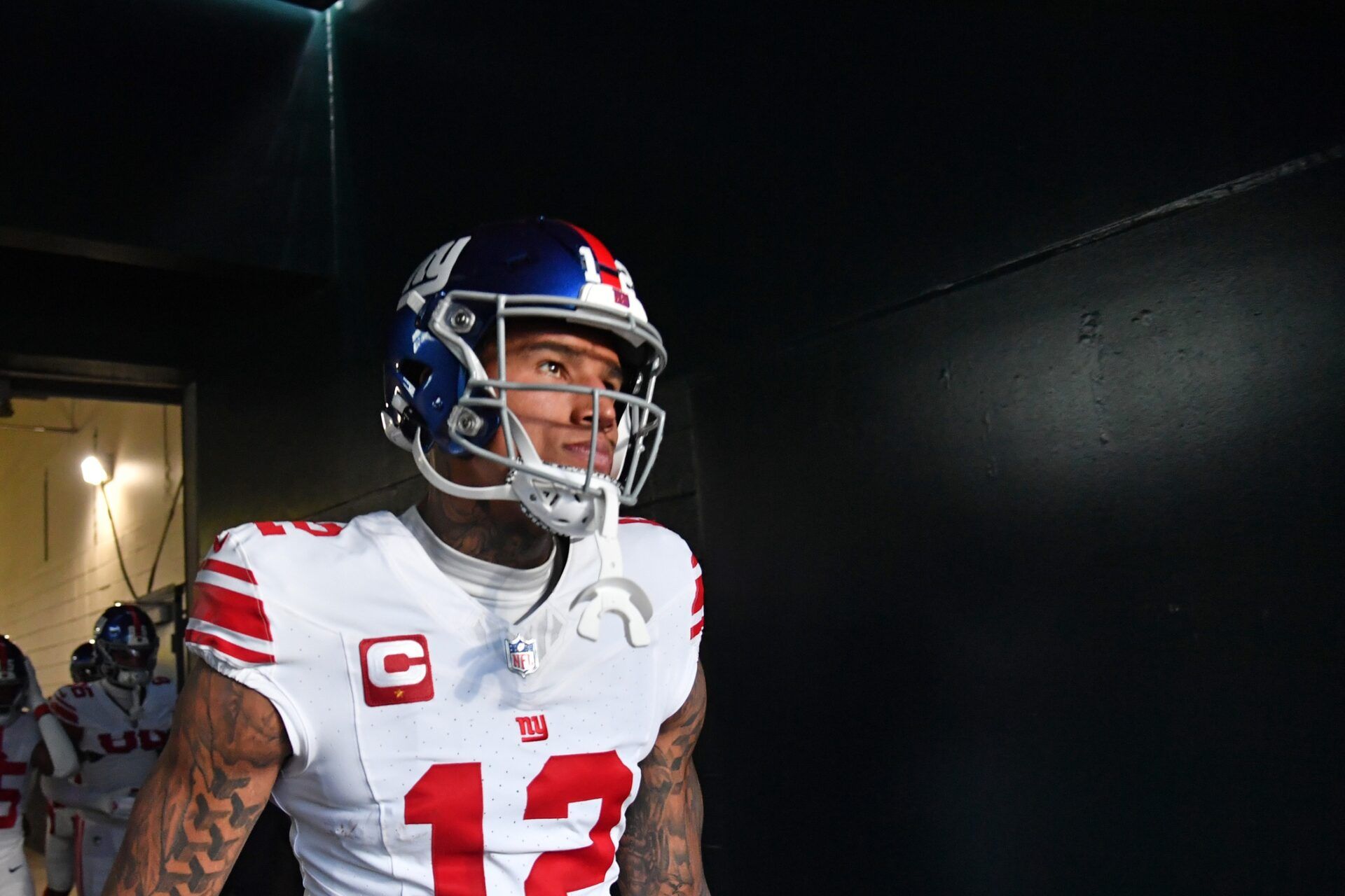New York Giants tight end Darren Waller (12) in the tunnel against the Philadelphia Eagles at Lincoln Financial Field.
