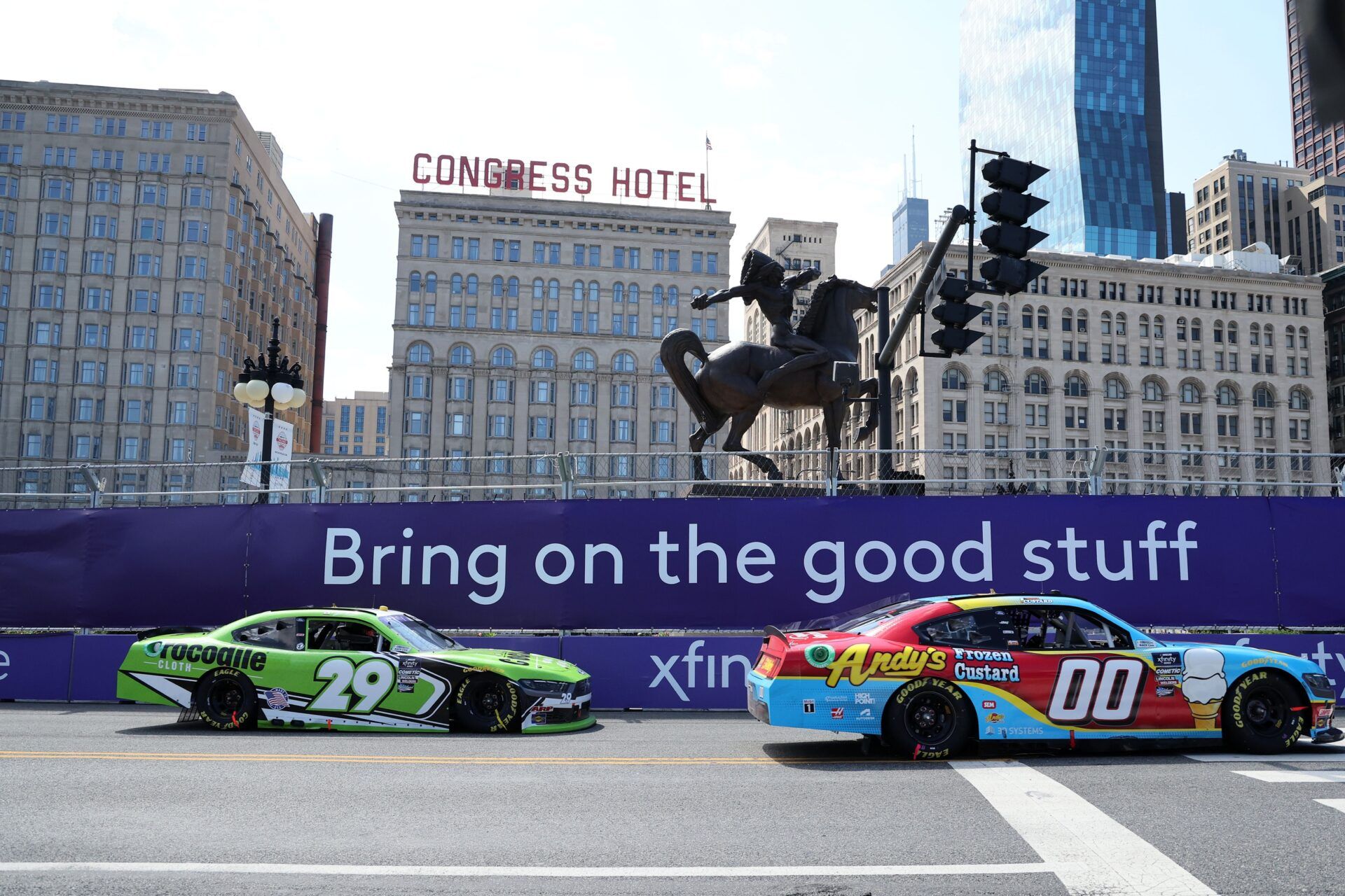 Xfinity Series driver Cole Custer (00) leads driver Blaine Perkins (29) during The Loop 121 at the Chicago Street Race.