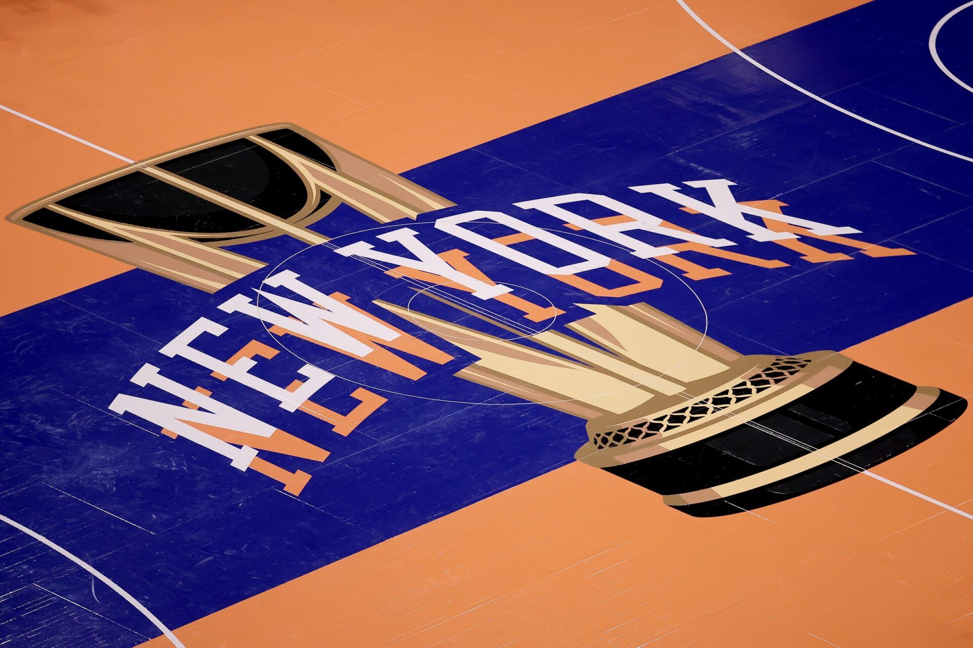 General view of the in-season tournament court logo during warmups before a game between the New York Knicks and the Miami Heat at Madison Square Garden.