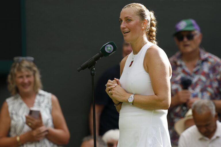Petra Kvitova (CZE) addresses the crowd after her final Wimbledon singles match, against Emma Navarro (USA)(not pictured), on day 2 of The Championships, Wimbledon 2025 at All England Lawn Tennis and Croquet Club.