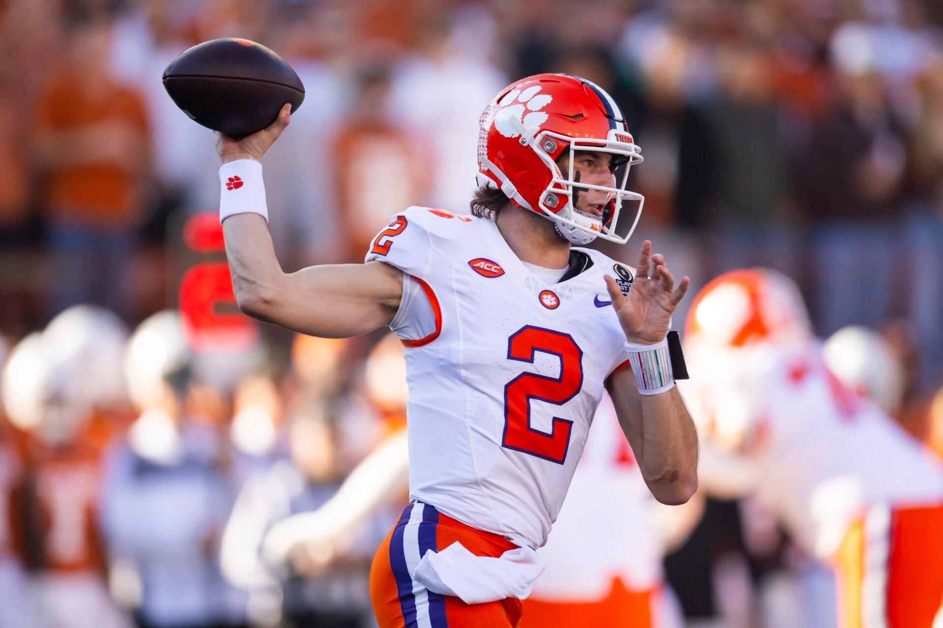 Clemson Tigers quarterback Cade Klubnik (2) against the Texas Longhorns during the first half of the CFP National playoff first round at Darrell K Royal-Texas Memorial Stadium.