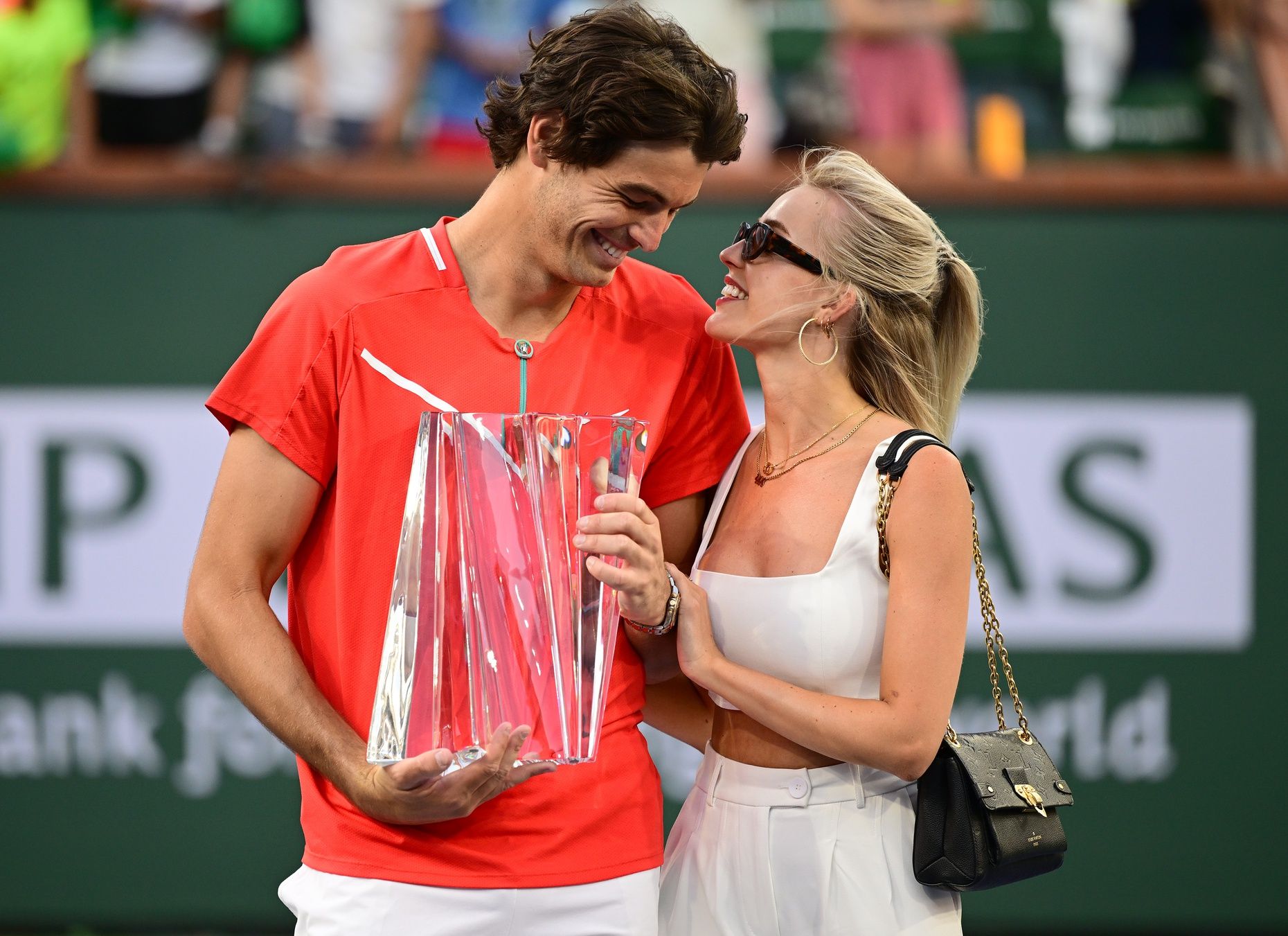 Taylor Fritz (USA) with his girlfriend Morgan Riddle after defeating Rafael Nadal (ESP) in the men’s final at the BNP Paribas Open at the Indian Wells Tennis Garden.