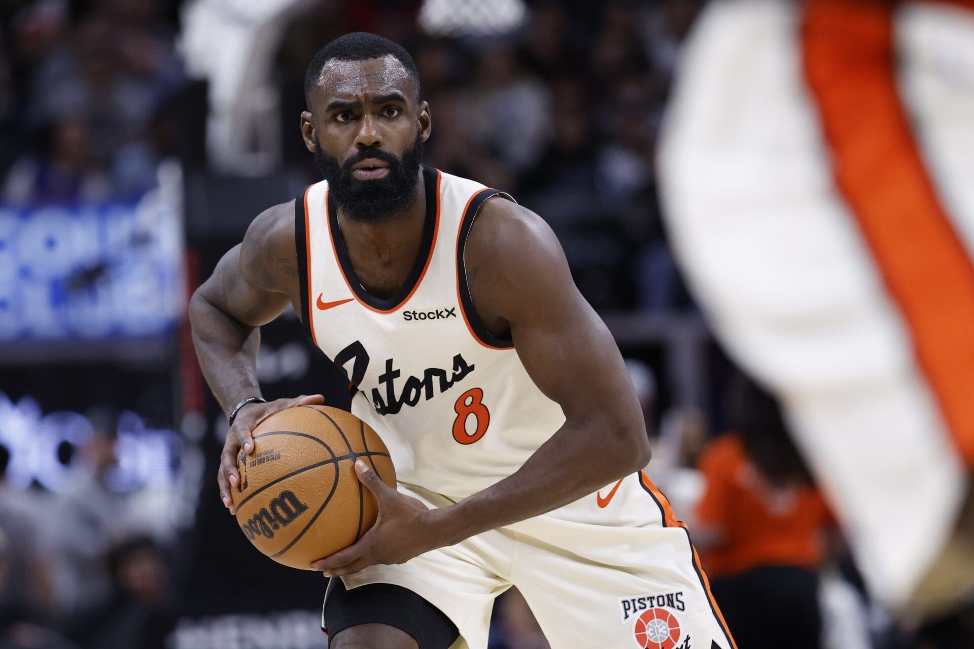 Detroit Pistons forward Tim Hardaway Jr. (8) dribbles in the second half against the Sacramento Kings at Little Caesars Arena.