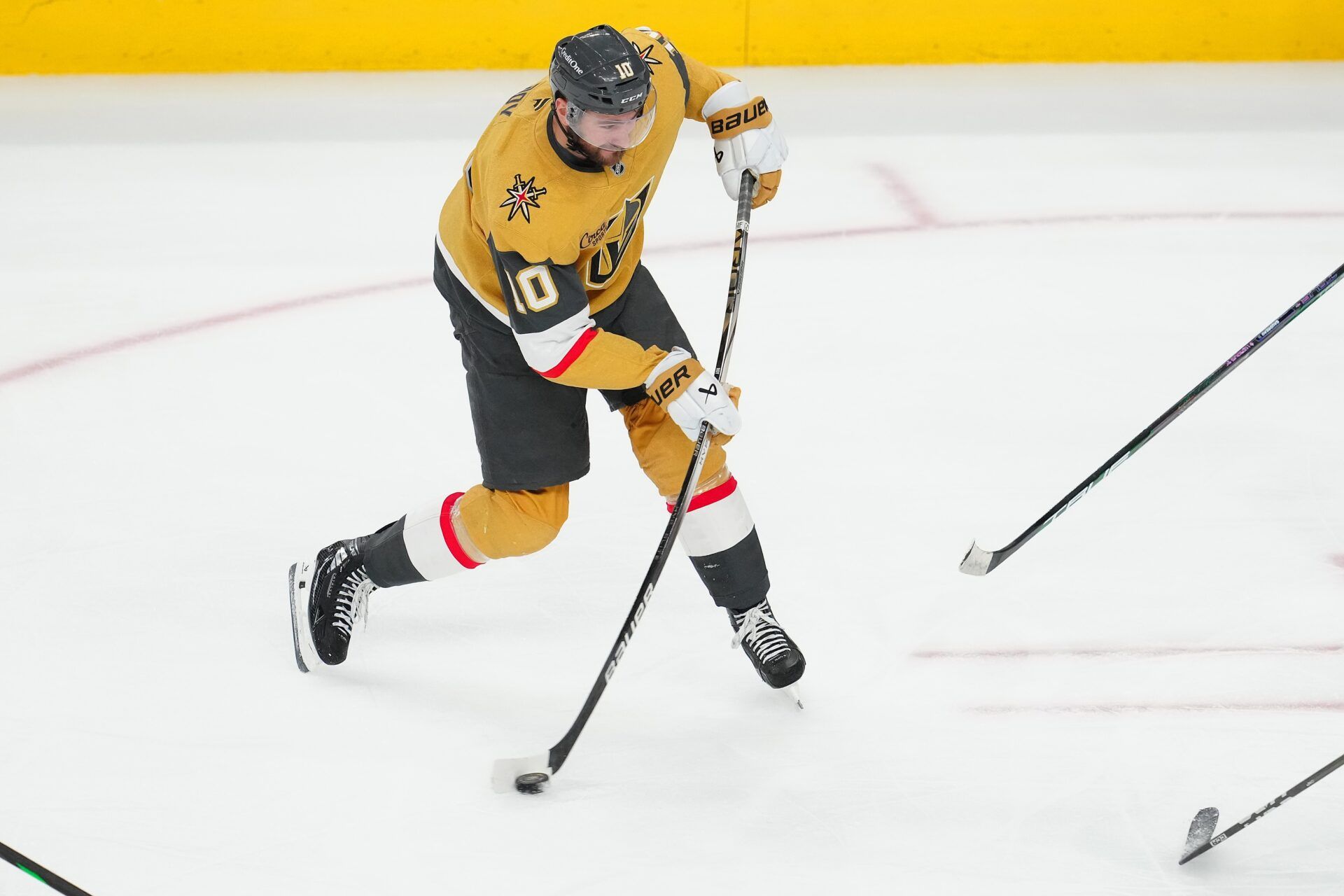 Vegas Golden Knights center Nicolas Roy (10) shoots against the Minnesota Wild during the third period of game two of the first round of the 2025 Stanley Cup Playoffs at T-Mobile Arena.