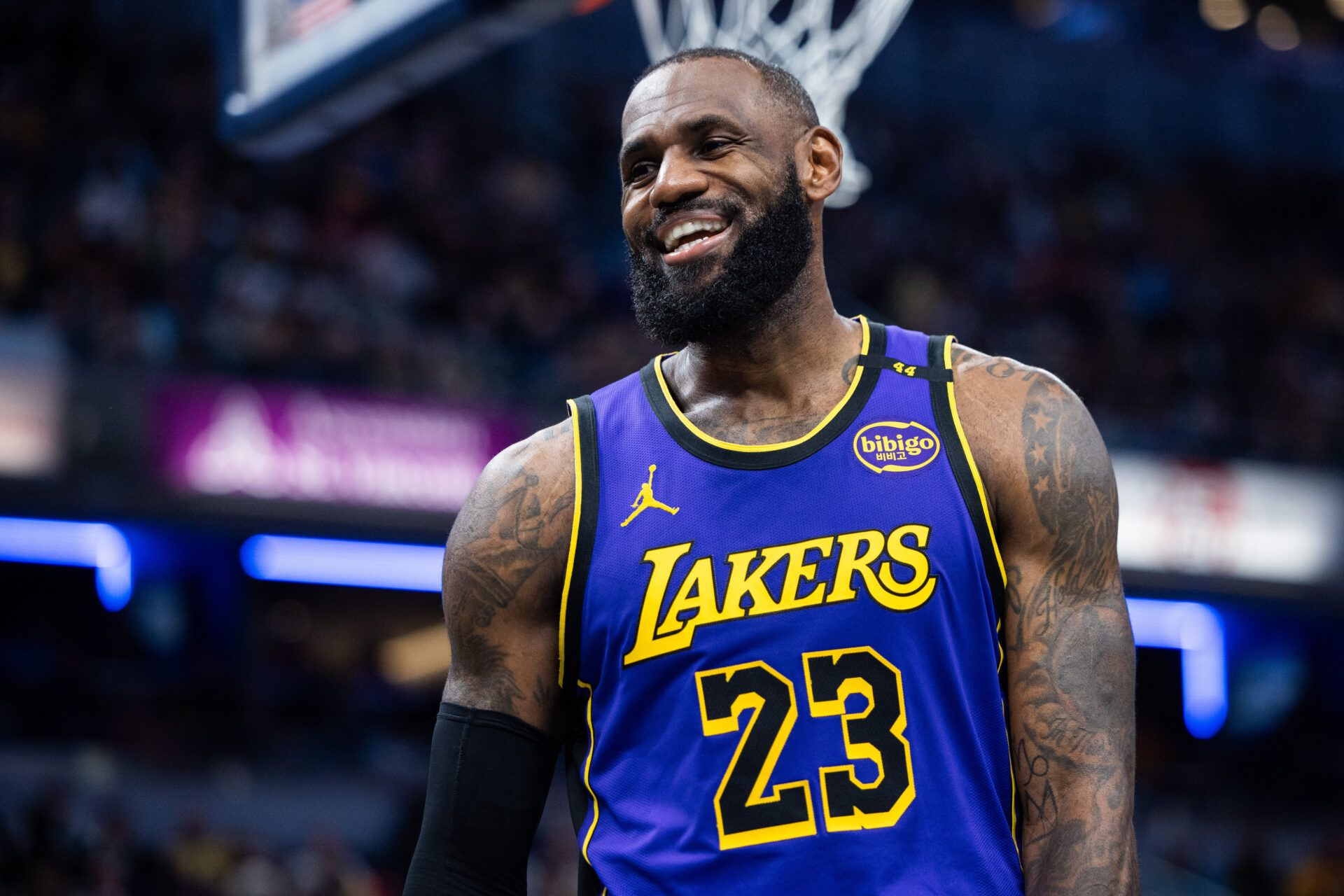 Los Angeles Lakers forward LeBron James (23)  reacts in the second half against the Indiana Pacers at Gainbridge Fieldhouse.