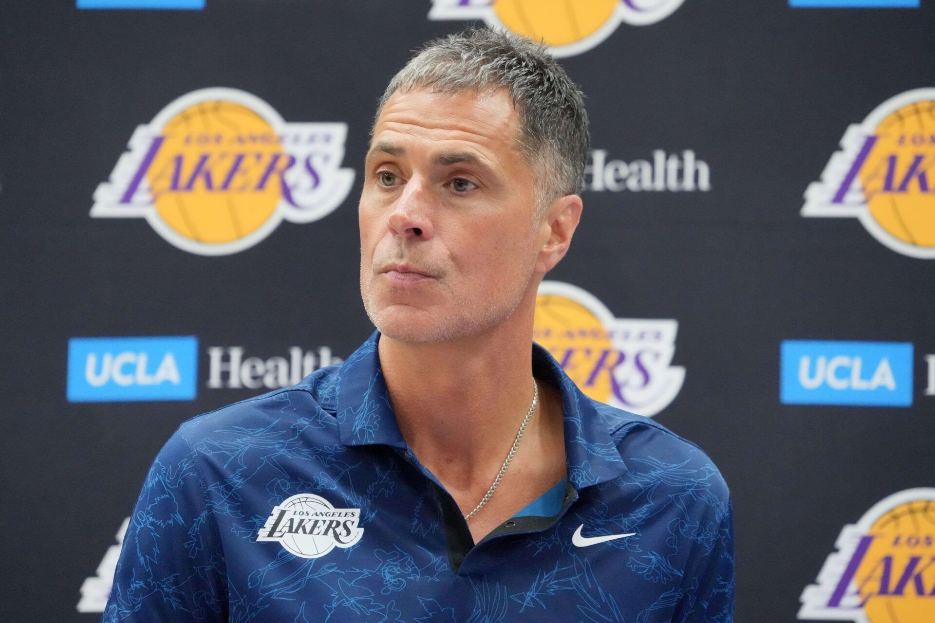 Los Angeles Lakers vice president of basketball operations and general manager Rob Pelinka at a press conference at the UCLA Health Training Center.