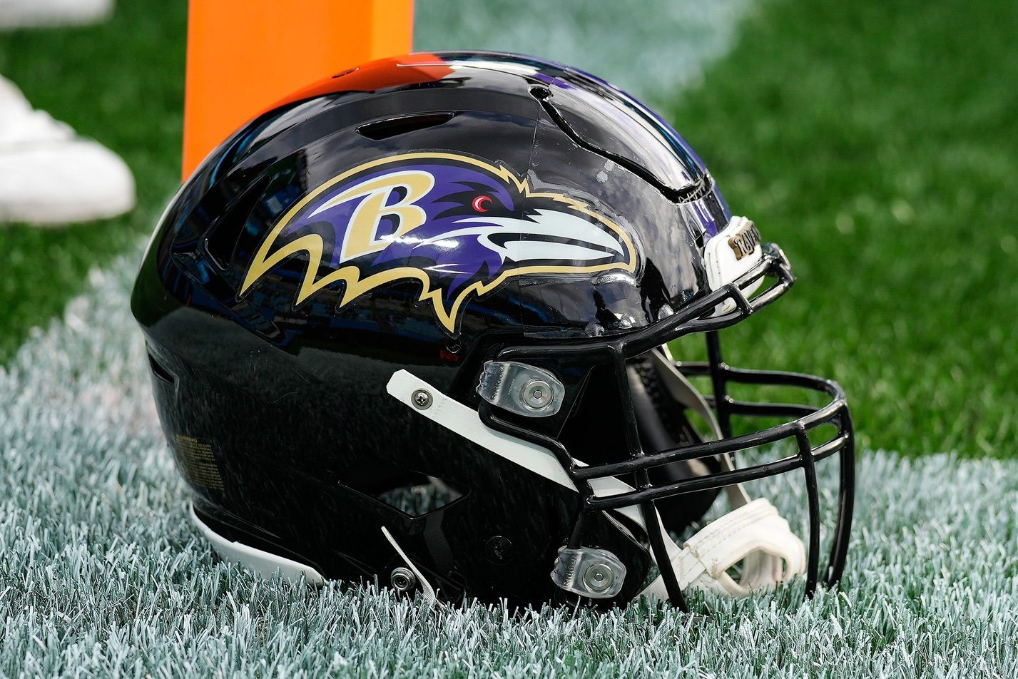Baltimore Ravens helmet during pre-game against the Carolina Panthers at Bank of America Stadium.