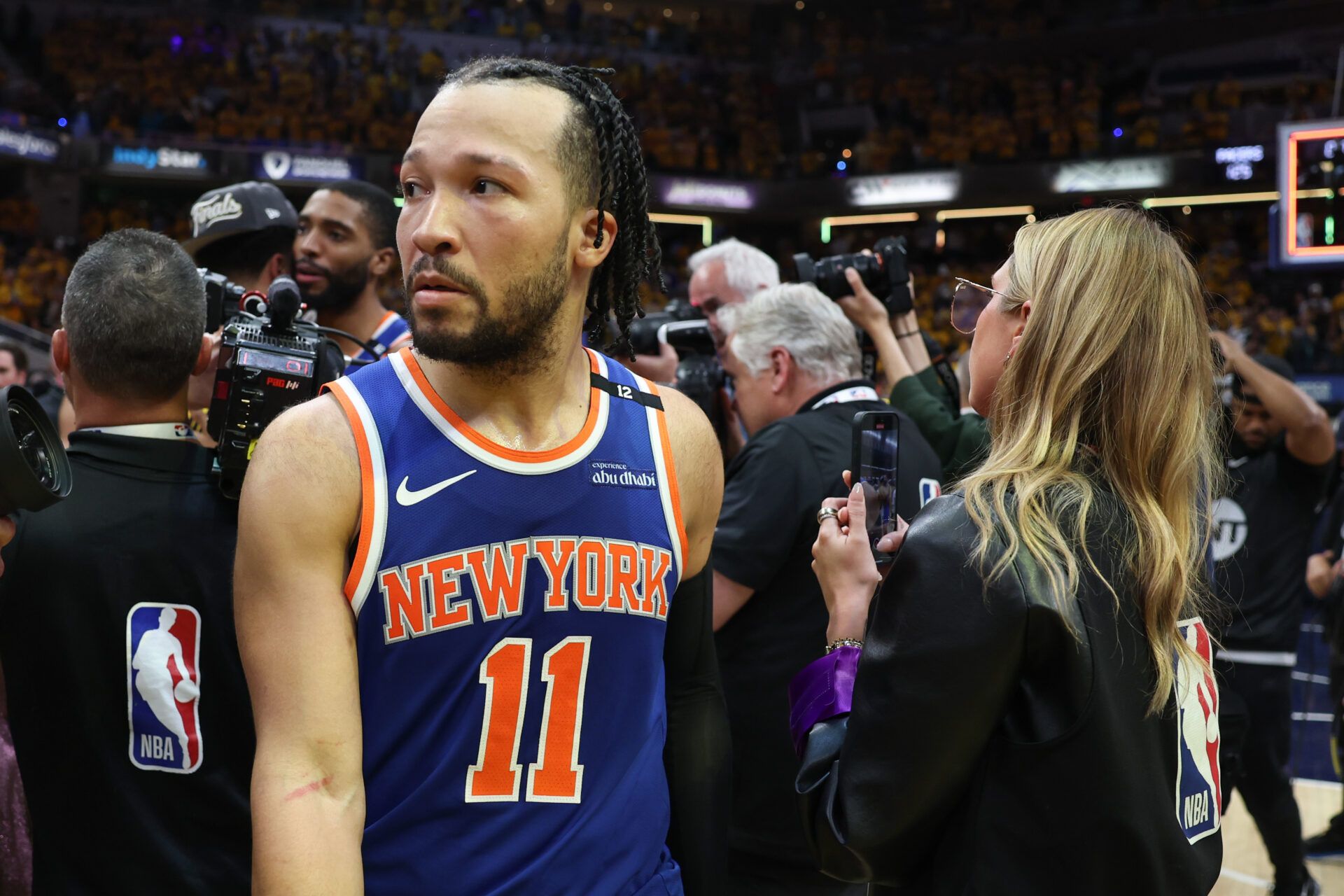 New York Knicks guard Jalen Brunson (11) reacts after game six of the eastern conference finals against the Indiana Pacers for the 2025 NBA Playoffs at Gainbridge Fieldhouse.
