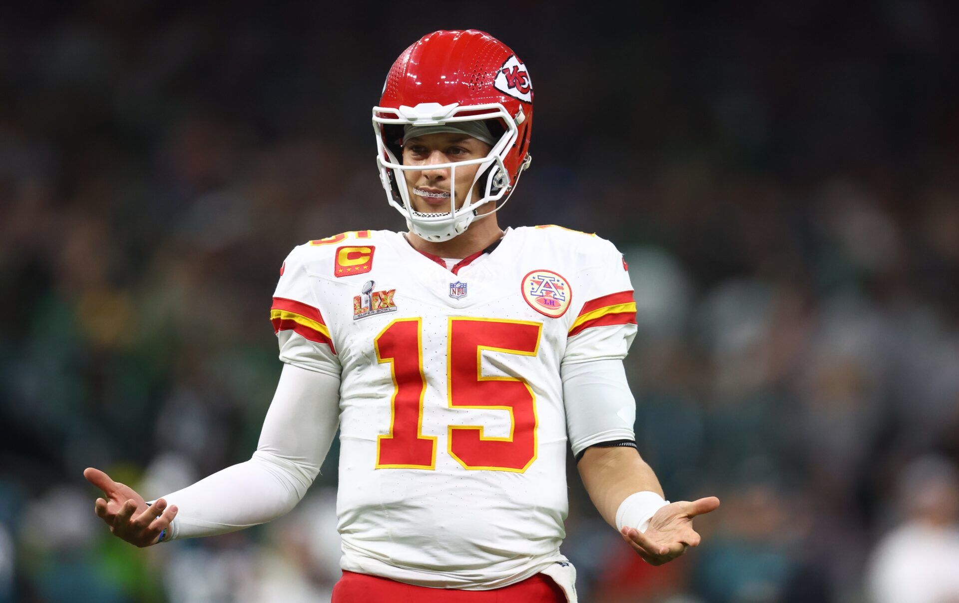 Kansas City Chiefs quarterback Patrick Mahomes (15) reacts in the fourth quarter against the Philadelphia Eagles in Super Bowl LIX at Ceasars Superdome.