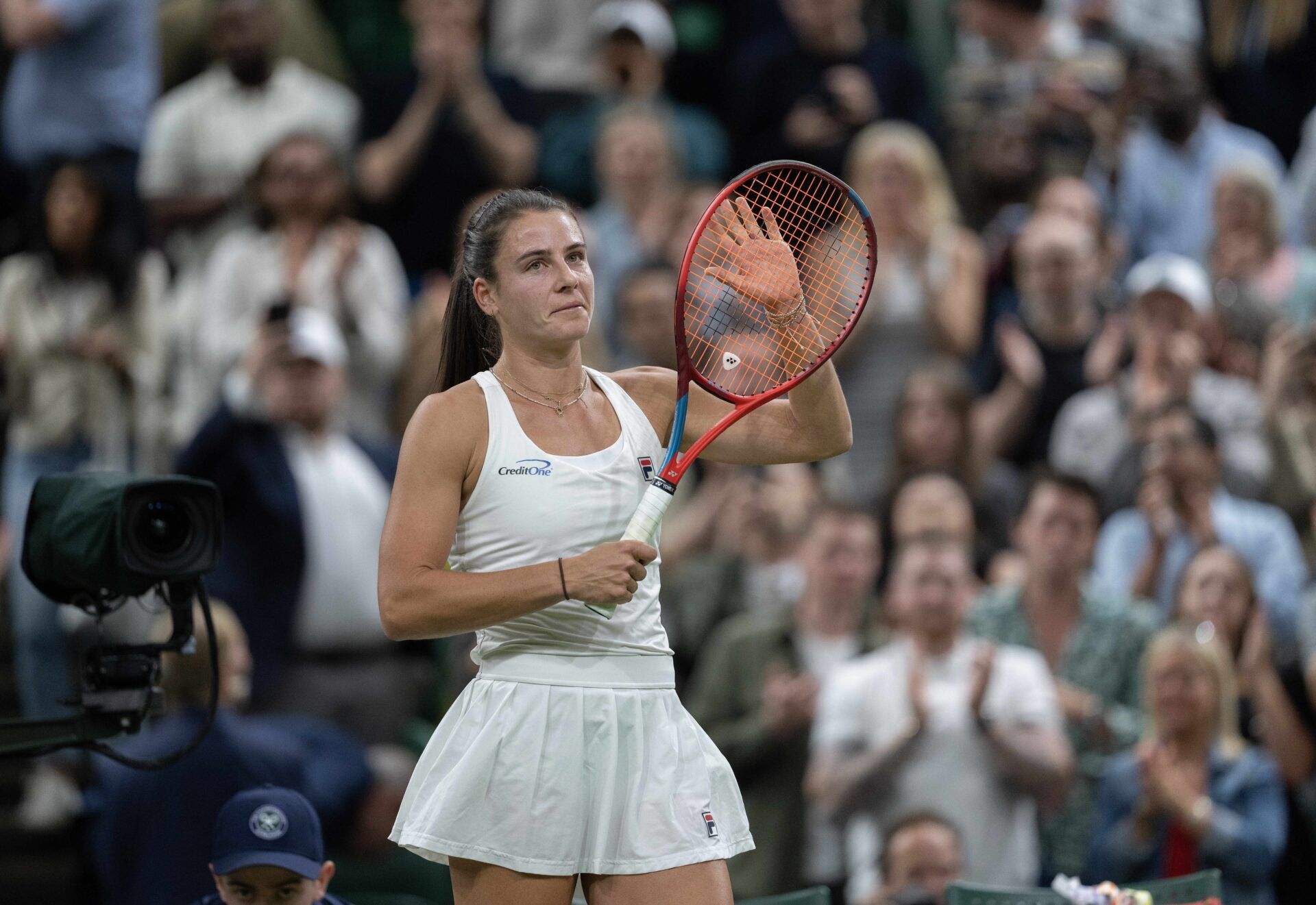 Emma Navarro of the United States celebrates winning her match against Coco Gauff of the United States (not shown) on day seven of The Championships at All England Lawn Tennis and Croquet Club.
