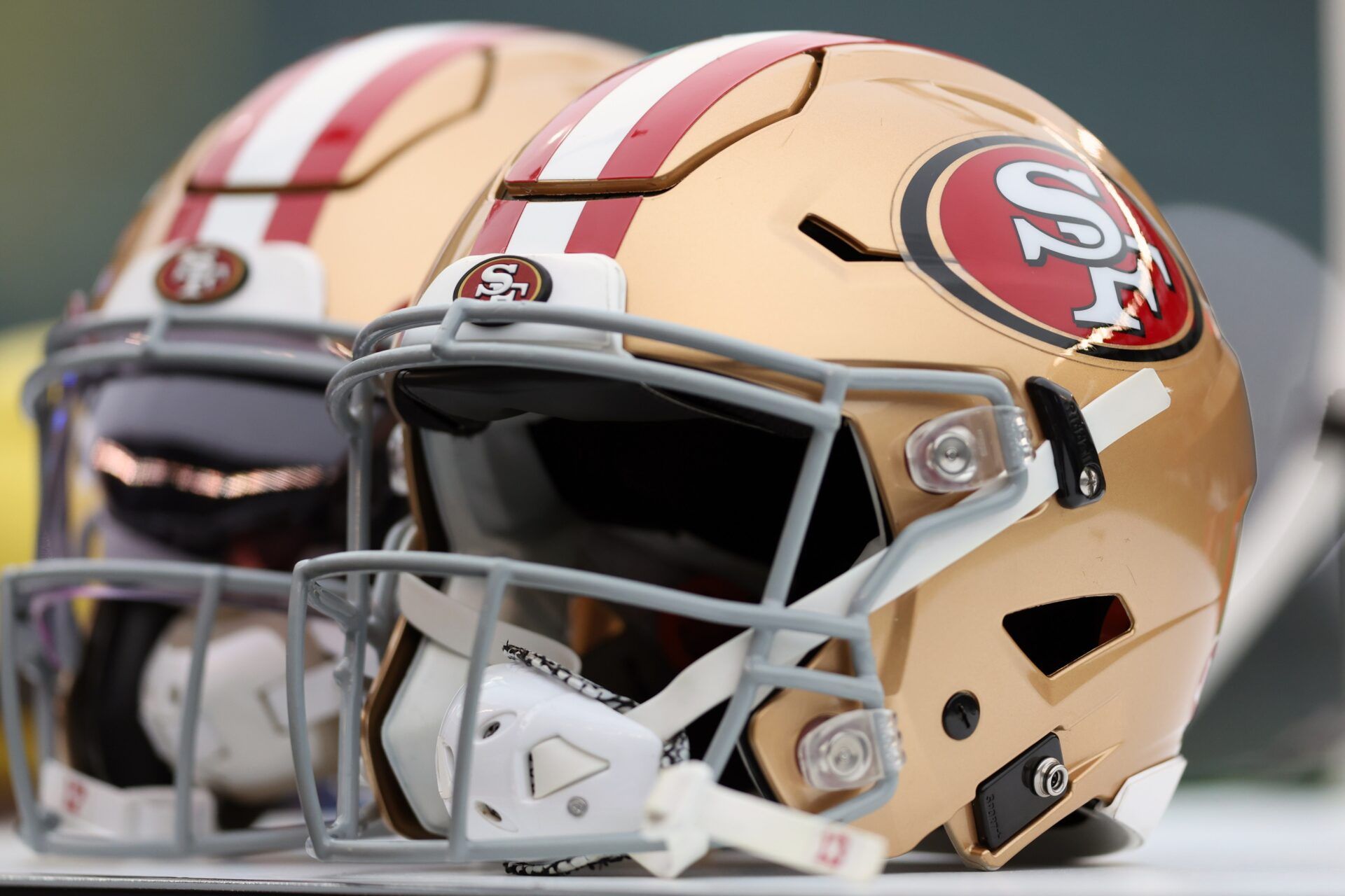 A general view of San Francisco 49ers helmet on the bench before game against the Philadelphia Eagles in the NFC Championship game at Lincoln Financial Field.