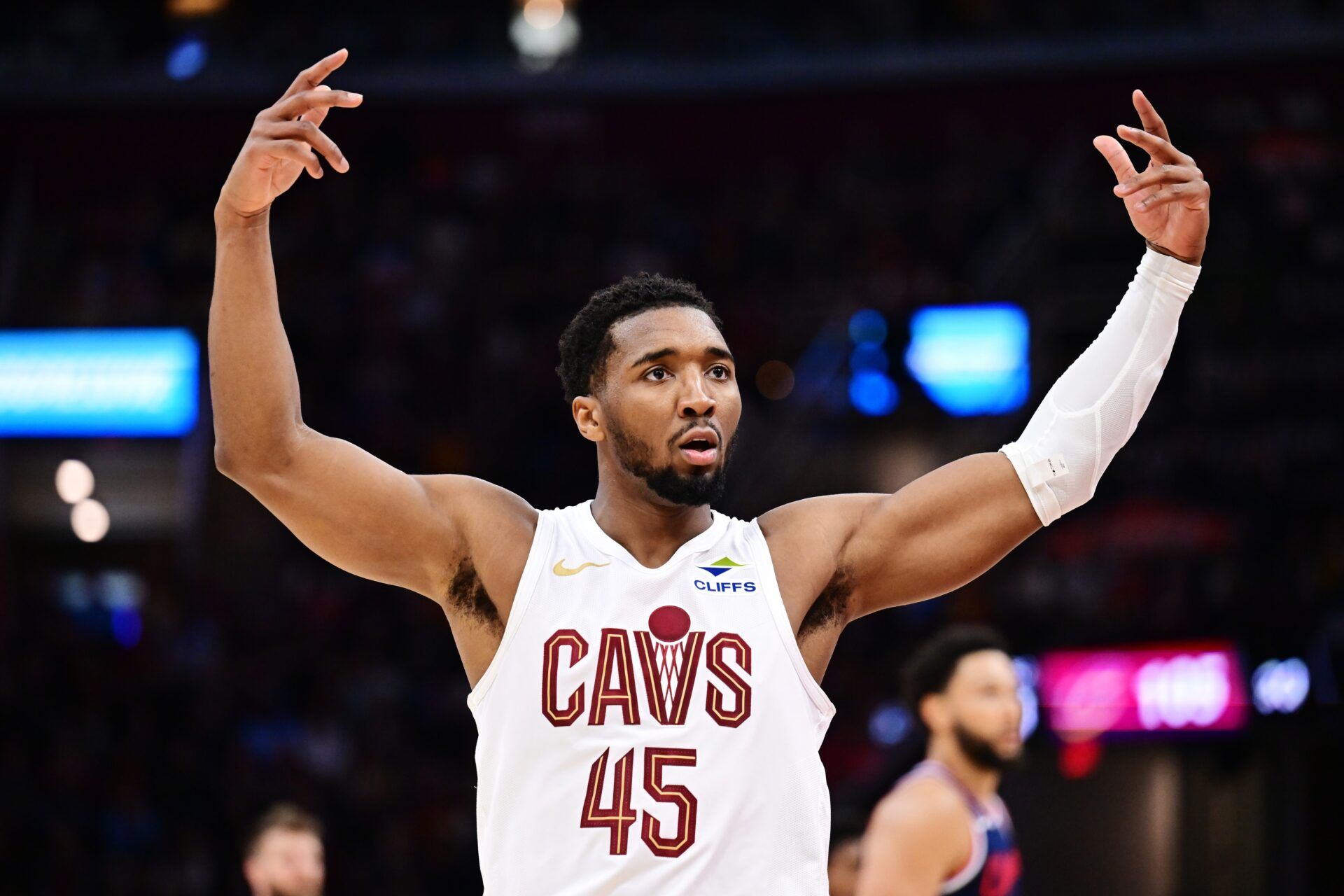 Cleveland Cavaliers guard Donovan Mitchell (45) celebrates during the second half against the Los Angeles Clippers at Rocket Arena.