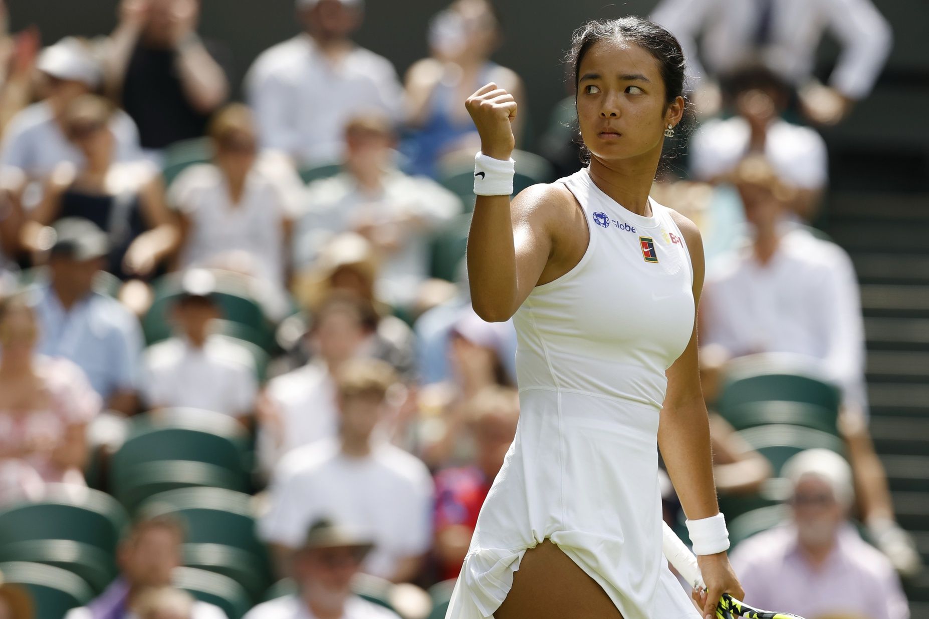 Alexandra Eala (PHI) reacts after winning a point against Barbora Krejcikova (CZE)(not pictured) on day 2 of The Championships, Wimbledon 2025 at All England Lawn Tennis and Croquet Club.