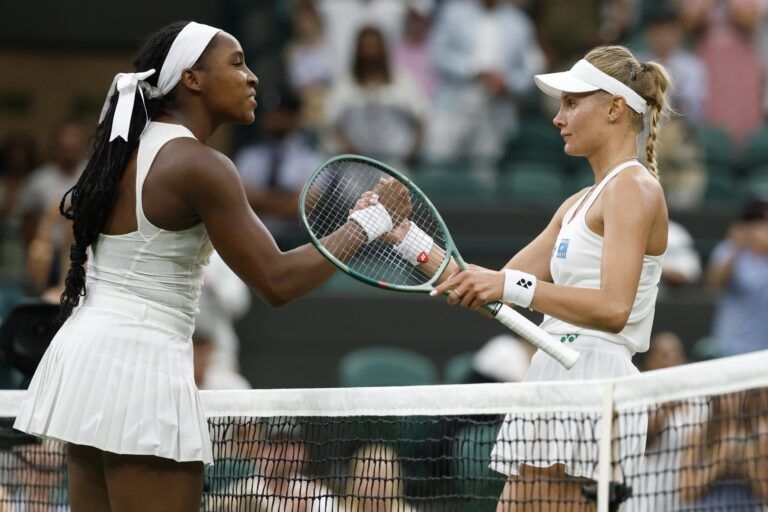 Coco Gauff (USA)  shakes hands with Dayana Yastremska (UKR)(R) at the net after their match on day 2 of The Championships, Wimbledon 2025 at All England Lawn Tennis and Croquet Club.