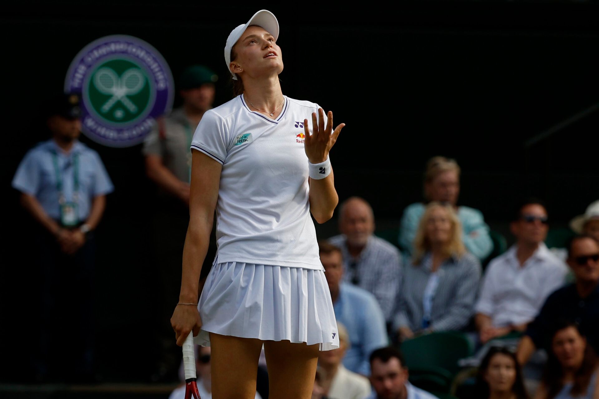 Elena Rybakina (KAZ) reacts after missing a shot against Barbora Krejcikova (CZE)(not pictured) in a ladies' singles semifinal of The Championships Wimbledon 2024 at The All England Lawn Tennis Club.