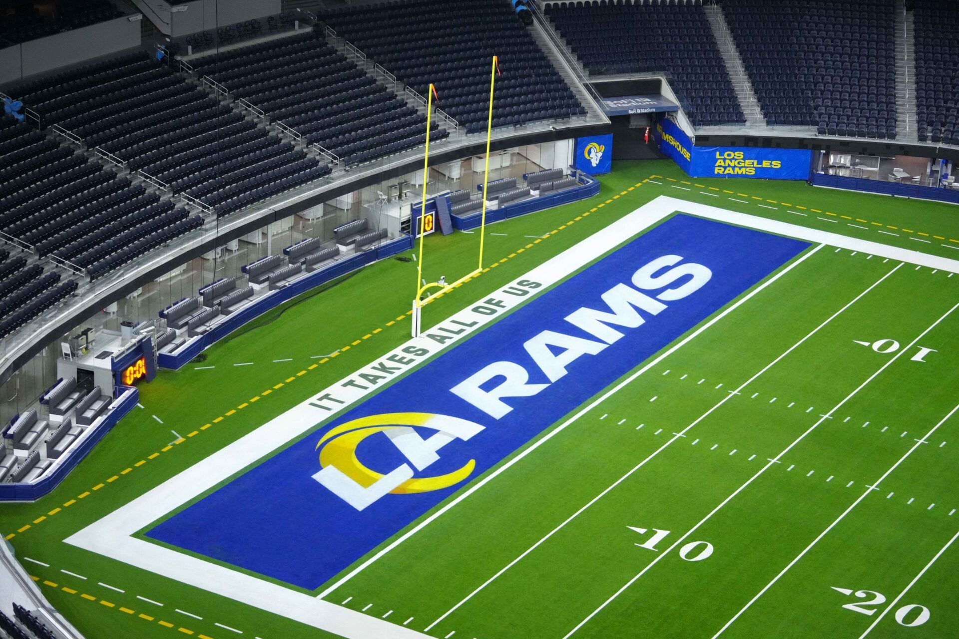 The Los Angeles Rams logo in the end zone at SoFi Stadium.
