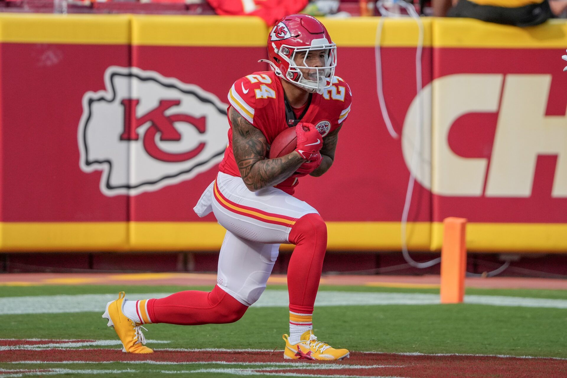 Kansas City Chiefs wide receiver Skyy Moore (24) catches a kick against the Cincinnati Bengals during the game at GEHA Field at Arrowhead Stadium.