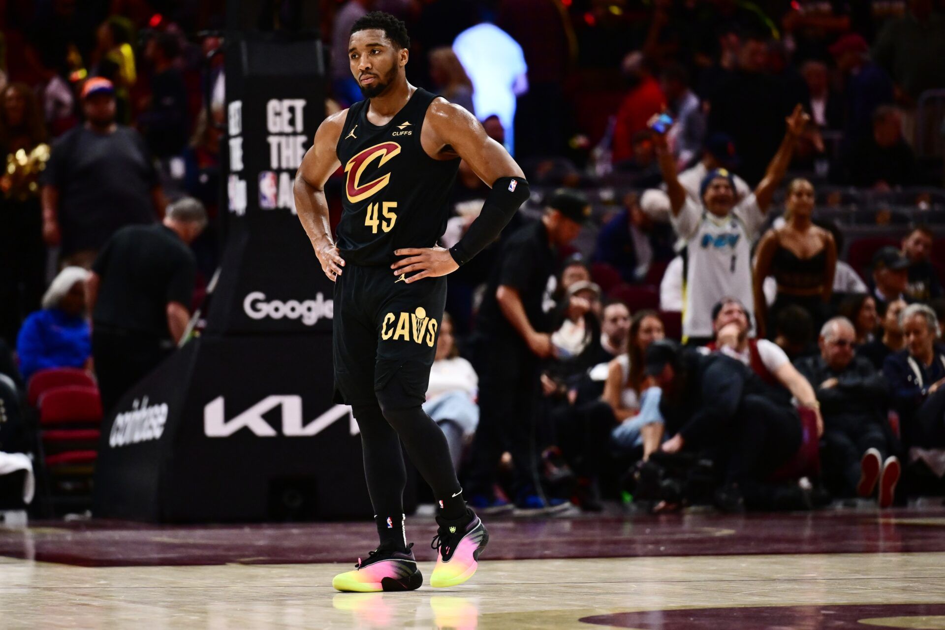 Cleveland Cavaliers guard Donovan Mitchell (45) reacts during the second half of game five against the Indiana Pacers in the second round for the 2025 NBA Playoffs at Rocket Arena.
