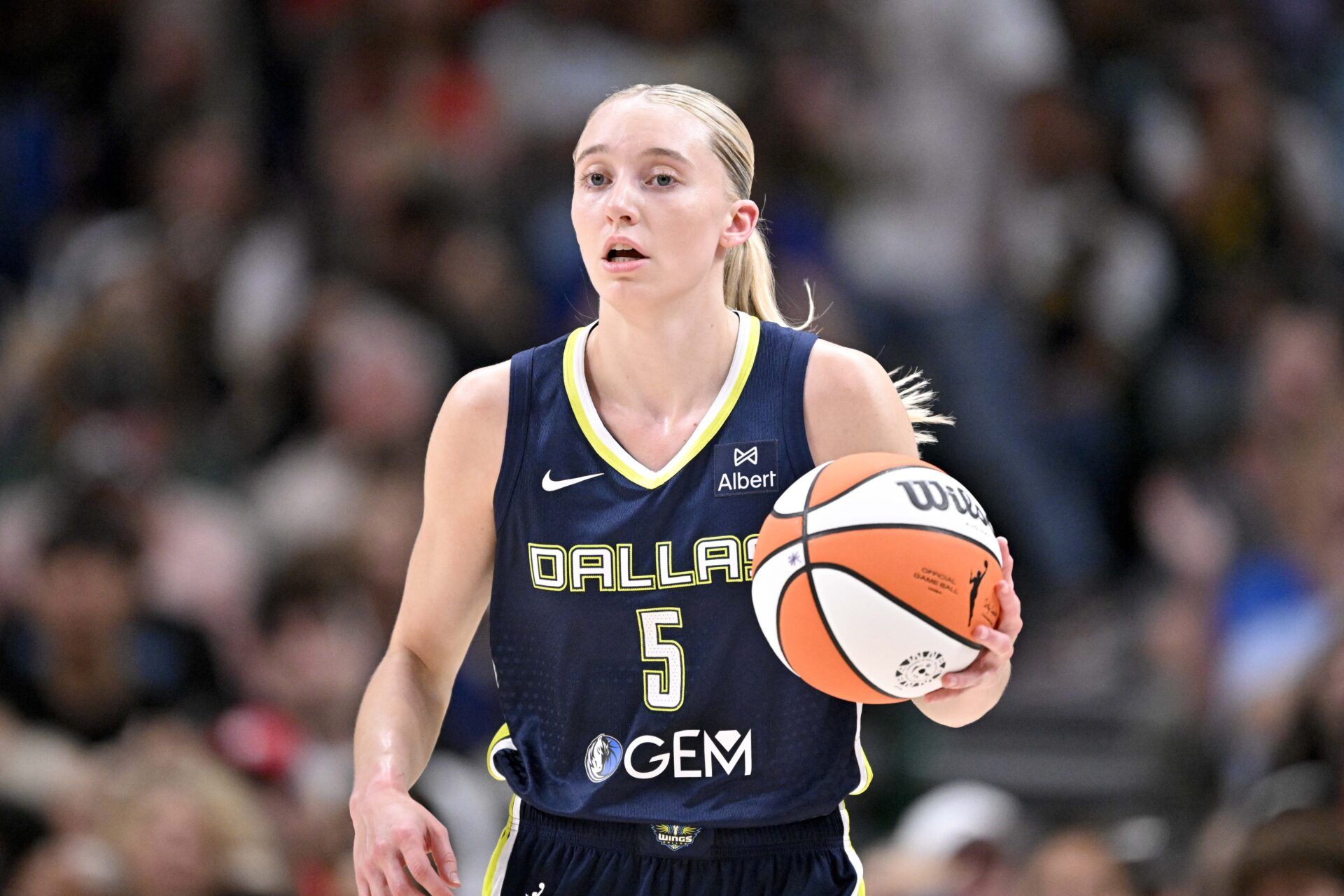Dallas Wings guard Paige Bueckers (5) in action during the game between the Dallas Wings and the Indiana Fever at the American Airlines Center.