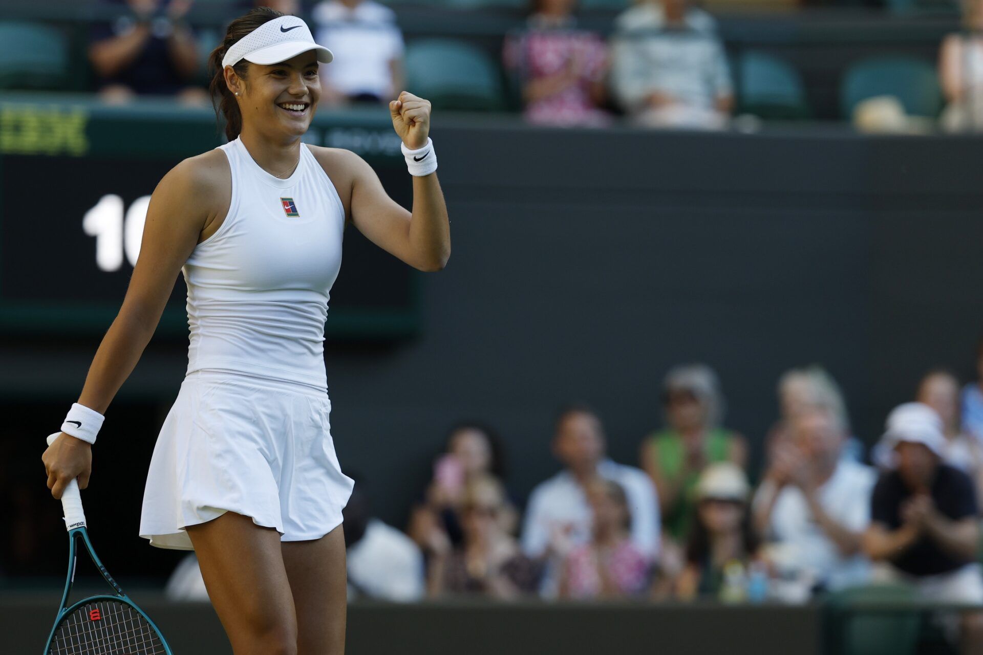Emma Raducanu (GBR) celebrates after match point against Mimi Xu (GBR)(not pictured) on day one of The Championships, Wimbledon 2025 at All England Lawn Tennis and Croquet Club.