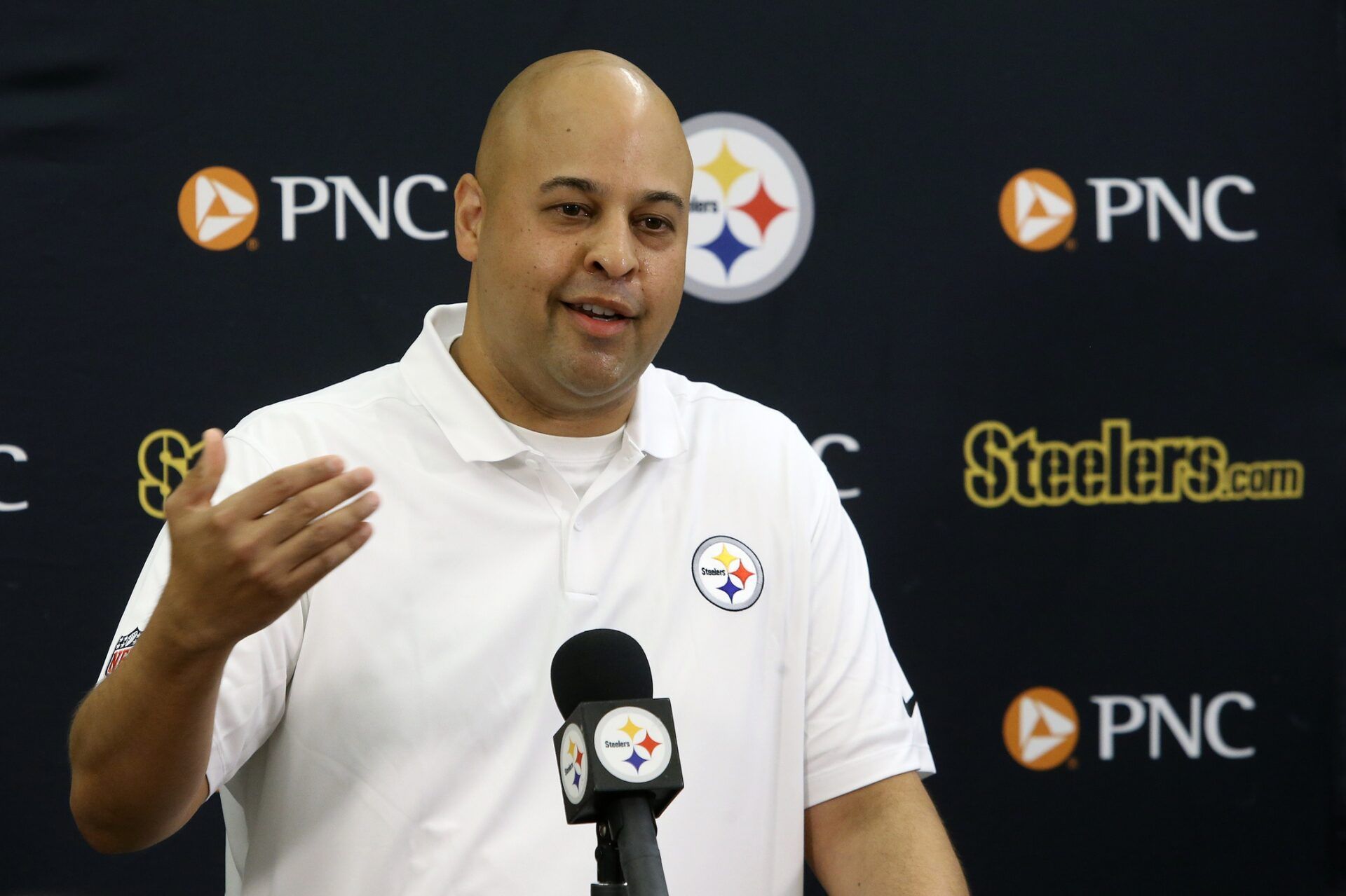 Pittsburgh Steelers general manager Omar Khan addresses the media prior to the start of training camp at Saint Vincent College.