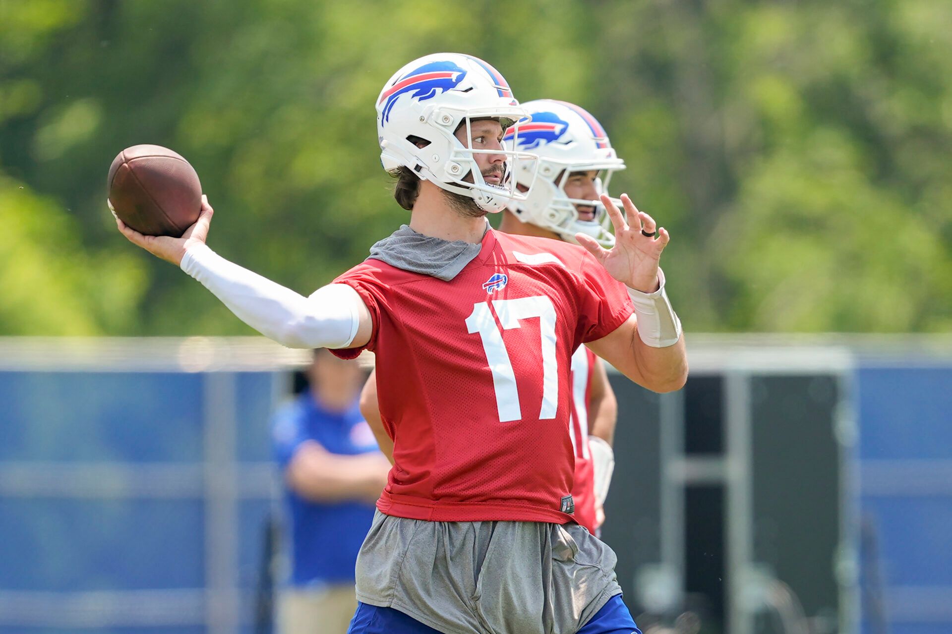 Buffalo Bills quarterback Josh Allen (17) throws the ball during Minicamp at Highmark Stadium.